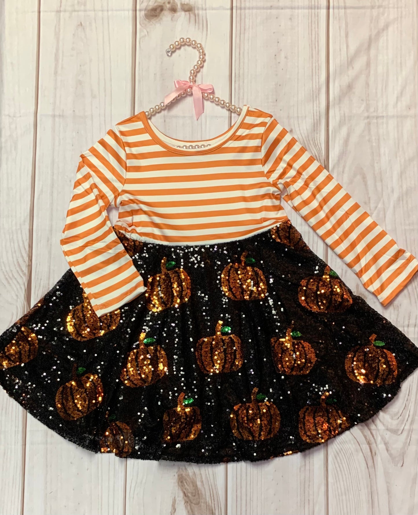 Milk Silk Orange & White Striped Sequin Pumpkin Dress Girls Toddler Shiny Pumpkins Halloween Trick or Treat Autumn Black Sequin