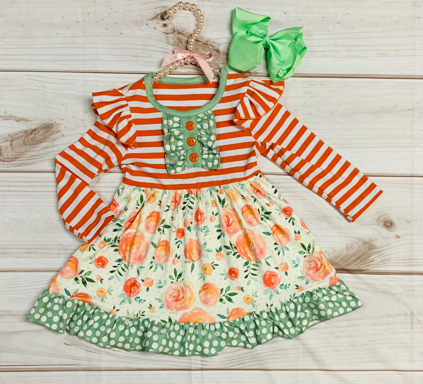 Milk Silk Orange Striped Fall Autumn Long Sleeve Twirl Dress, Girls Toddler Halloween Dress, Autumn Florals, Polka Dots