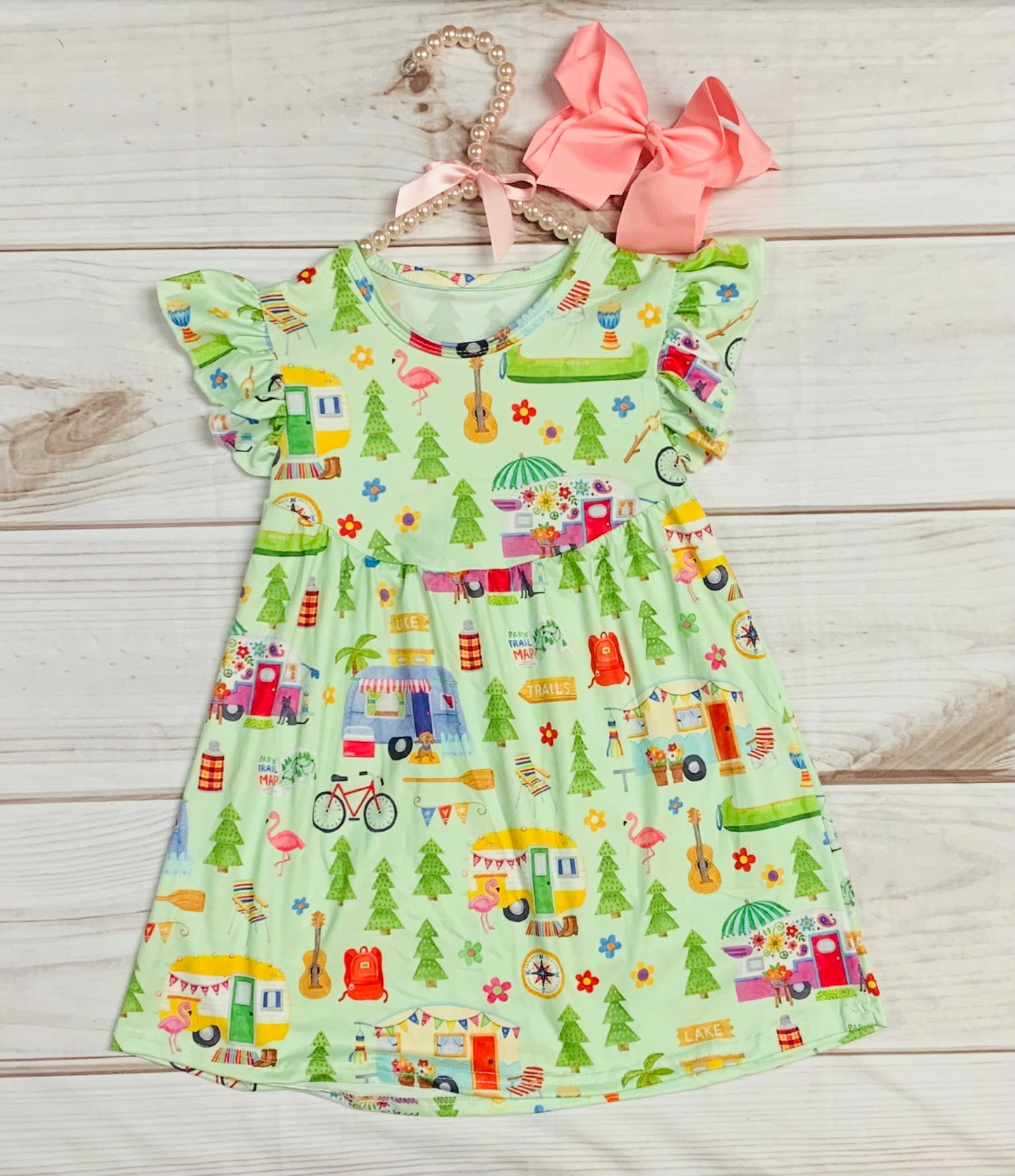 Milk Silk Green RV Camping Flutter Sleeve Dress, Girls Toddler Vacation, Outdoors, Camping Trip, Campgrounds, Summertime Forest