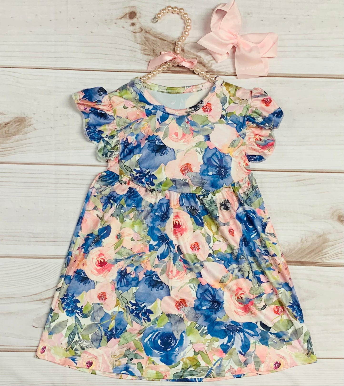 Milk Silk Blue & Pink Roses Flutter Sleeve Dress, Girls Toddler Flower Dress, Florals, Back to School, Baby Shower, Tea Party