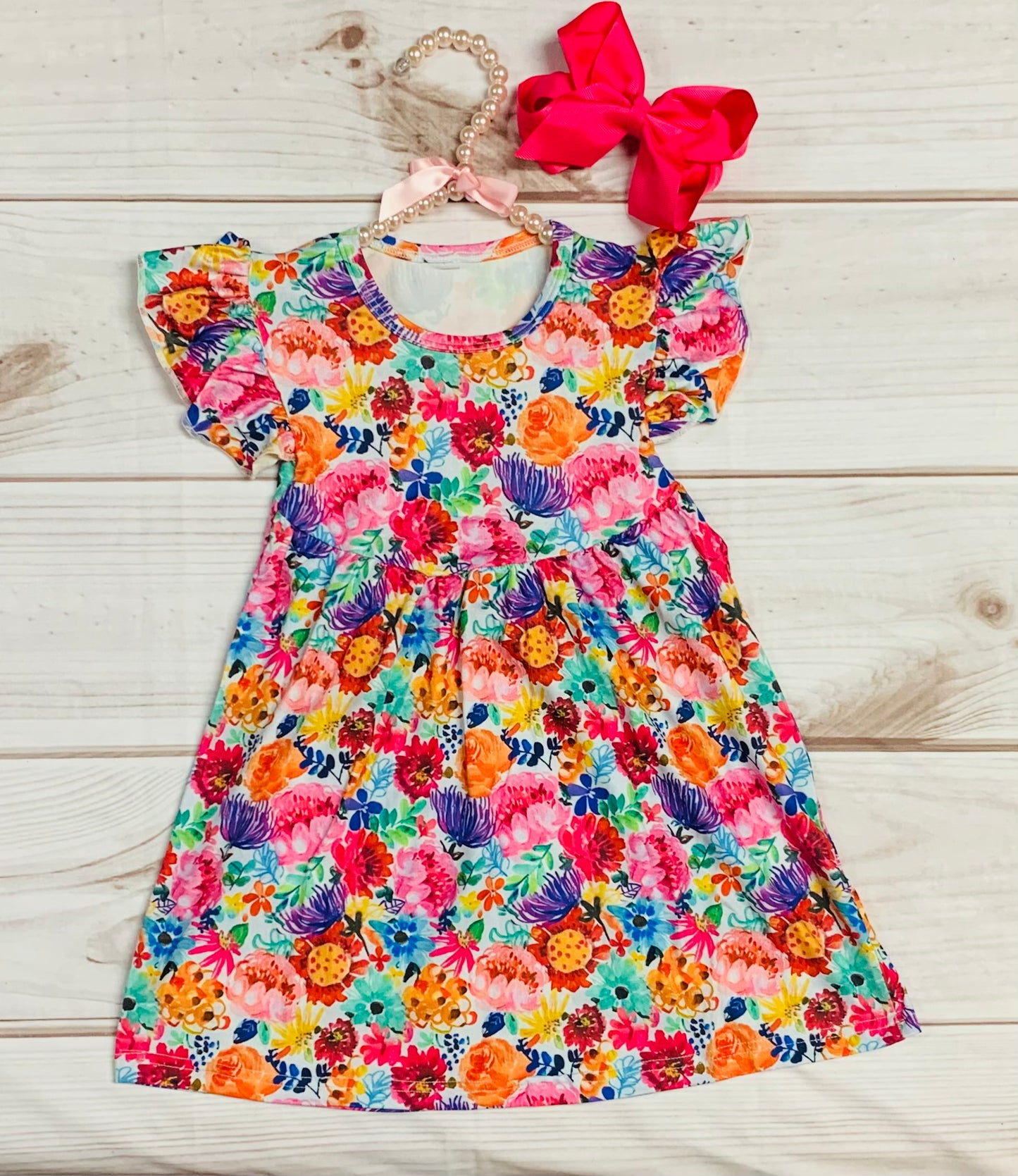 Milk Silk Vibrant Wildflowers Flutter Sleeve Dress, Girls Toddler Rainbow Flowers, Floral Dress, Preschool Dress Back to School