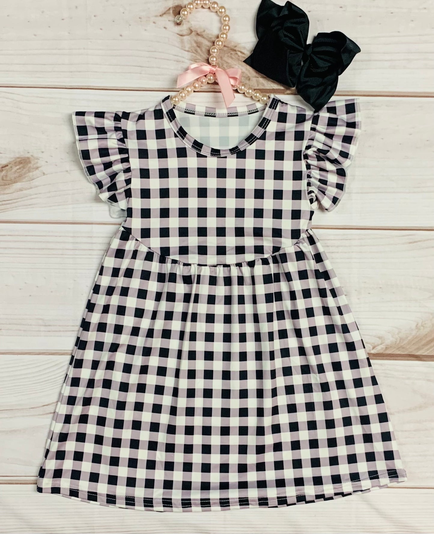 Milk Silk Black & White Plaid Flutter Sleeve Dress, Girls Toddlers Autumn Wear, Fall Time Stripes, Halloween, Patterned Dress