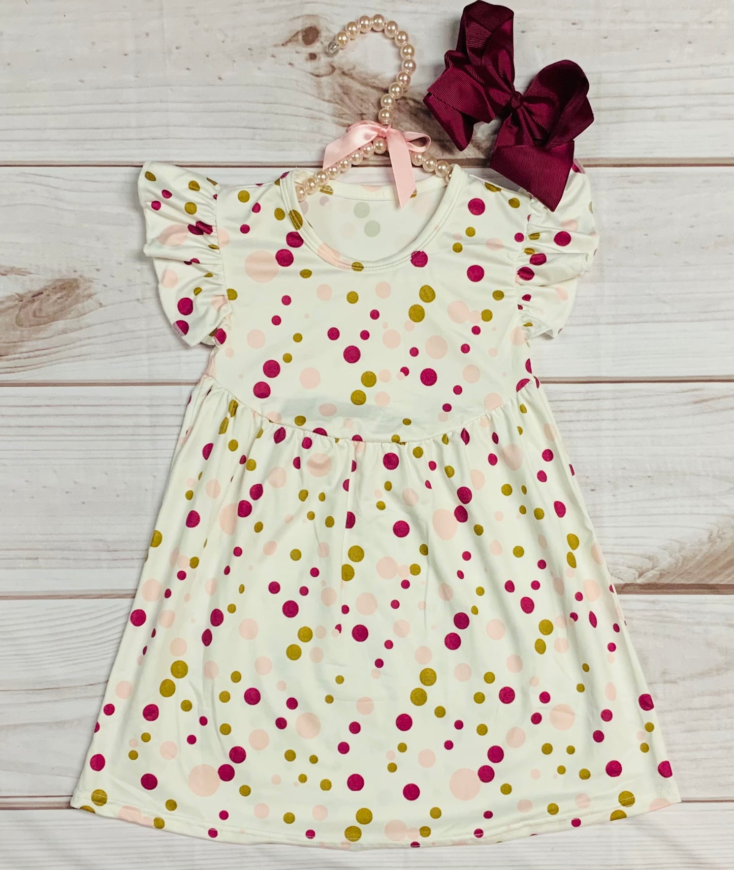 Milk Silk Red & Gold Polka Dot Flutter Sleeve Dress, Girls Toddler Every Day Dress, Back to School, Birthday, Gift Present