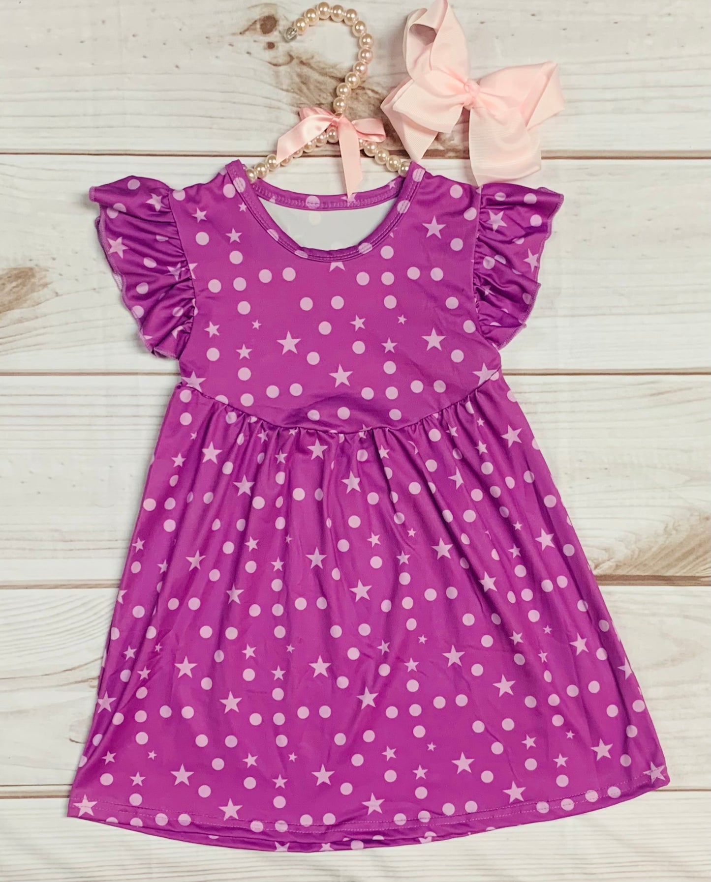 Milk Silk Purple Stars and Dots Flutter Sleeve Dress, Girls Toddler All Things Purple Dress, Preschool Dress, Everyday Dress