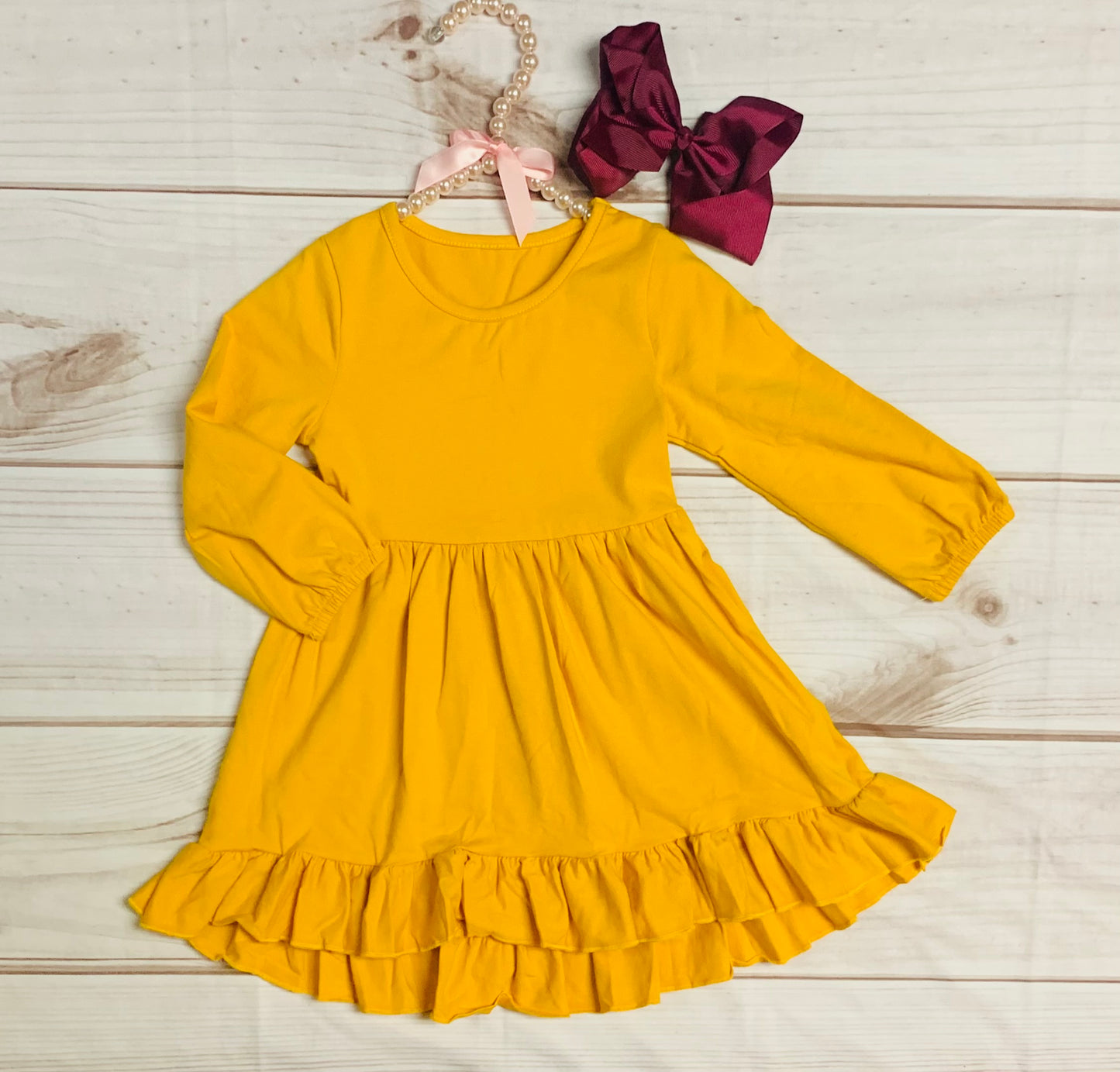 Mustard Yellow 3/4 Sleeve Ruffle Fall Time Twirl Dress, Girls Toddler Solid Autumn Time, Fall Pictures, Sweater Weather, Cold