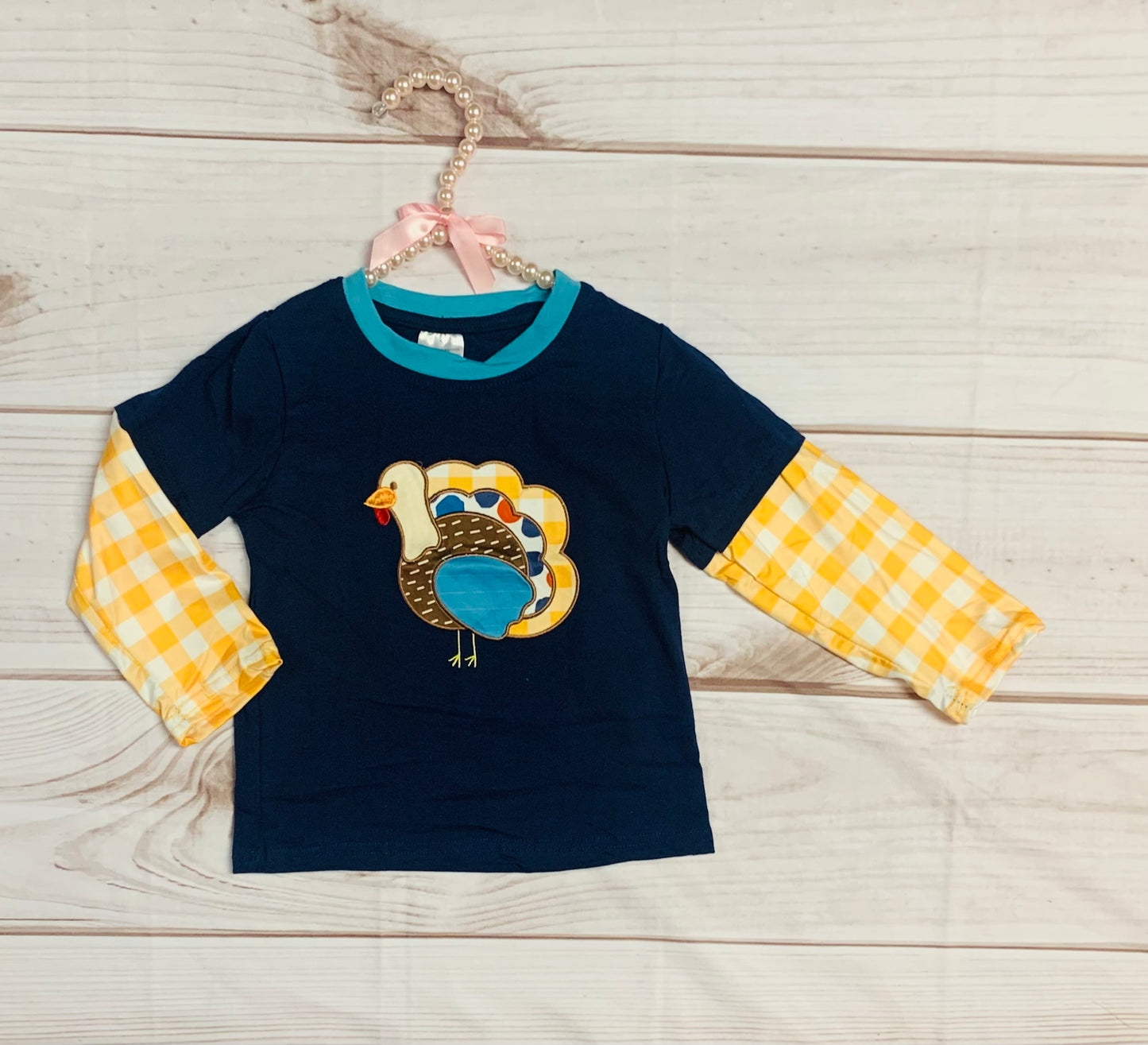 Blue Yellow Thanksgiving Applique Turkey Unisex Shirt, Plaid Gingham Boys Girls Turkey Day Shirt, Football Thanks Gather