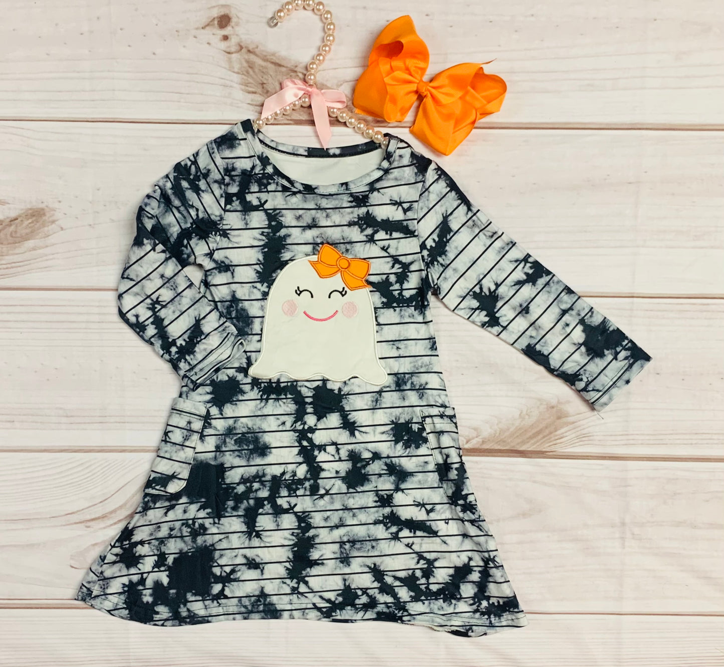 Milk Silk Trick or Treat embroidered Ghost Dress, Halloween Girls, Toddlers, Say Boo, Striped Tye Dye Long Sleeve Dress