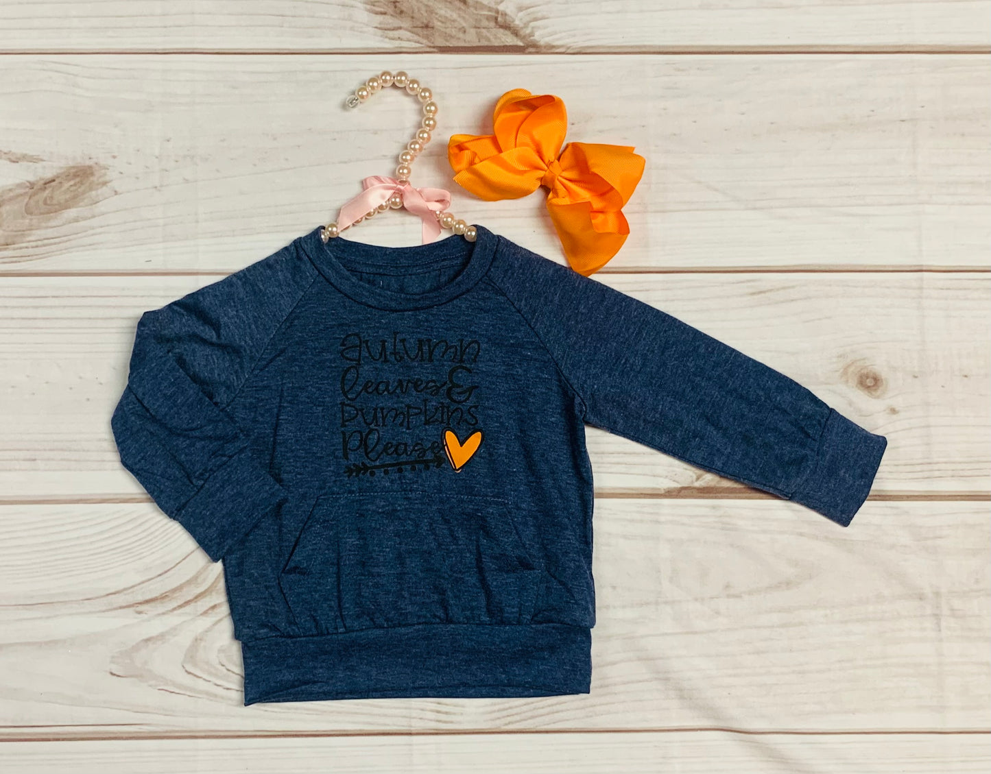 Navy Blue Autumn Leaves & Pumpkins Please Long Sleeved Pocketed Long Sleeve Shirt, Girls Toddlers Fall, Halloween