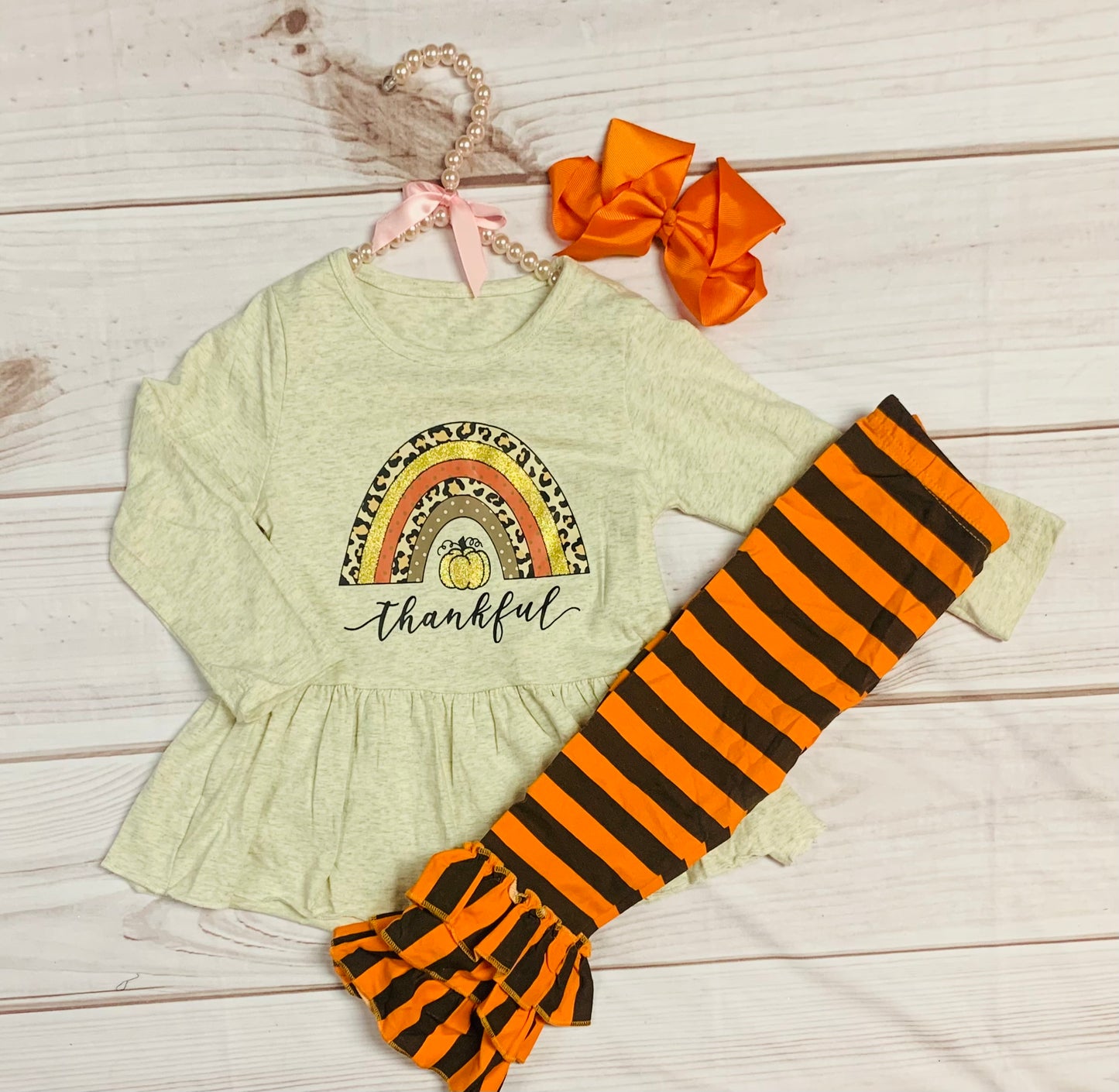 Thankful Thanksgiving Rainbow w/ Ruffled Bellbottom Pants, Turkey Outfit, Girls Toddlers Autumn Leopard Rainbow, Orange