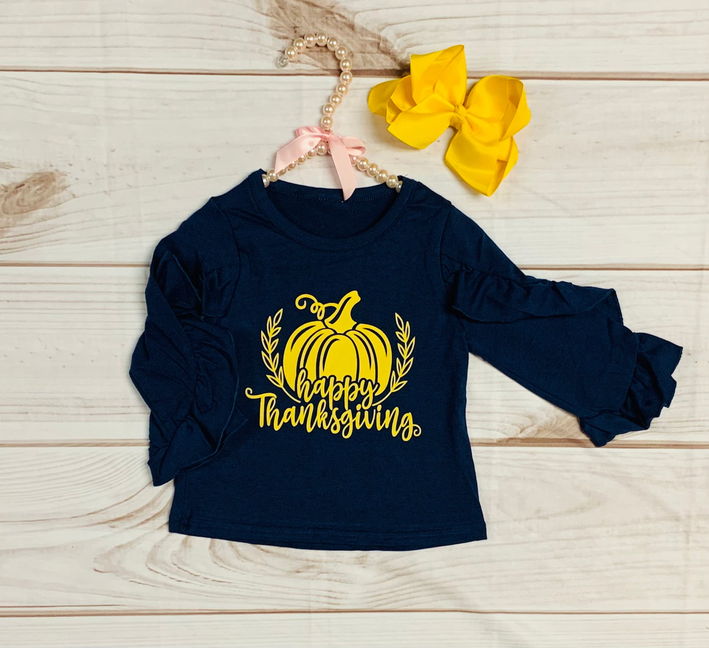 Dark Blue Thanksgiving Ruffle Raglan Shirt, Girls Toddlers Happy Turkey, Pumpkin Shirt, Fall Autumn, November