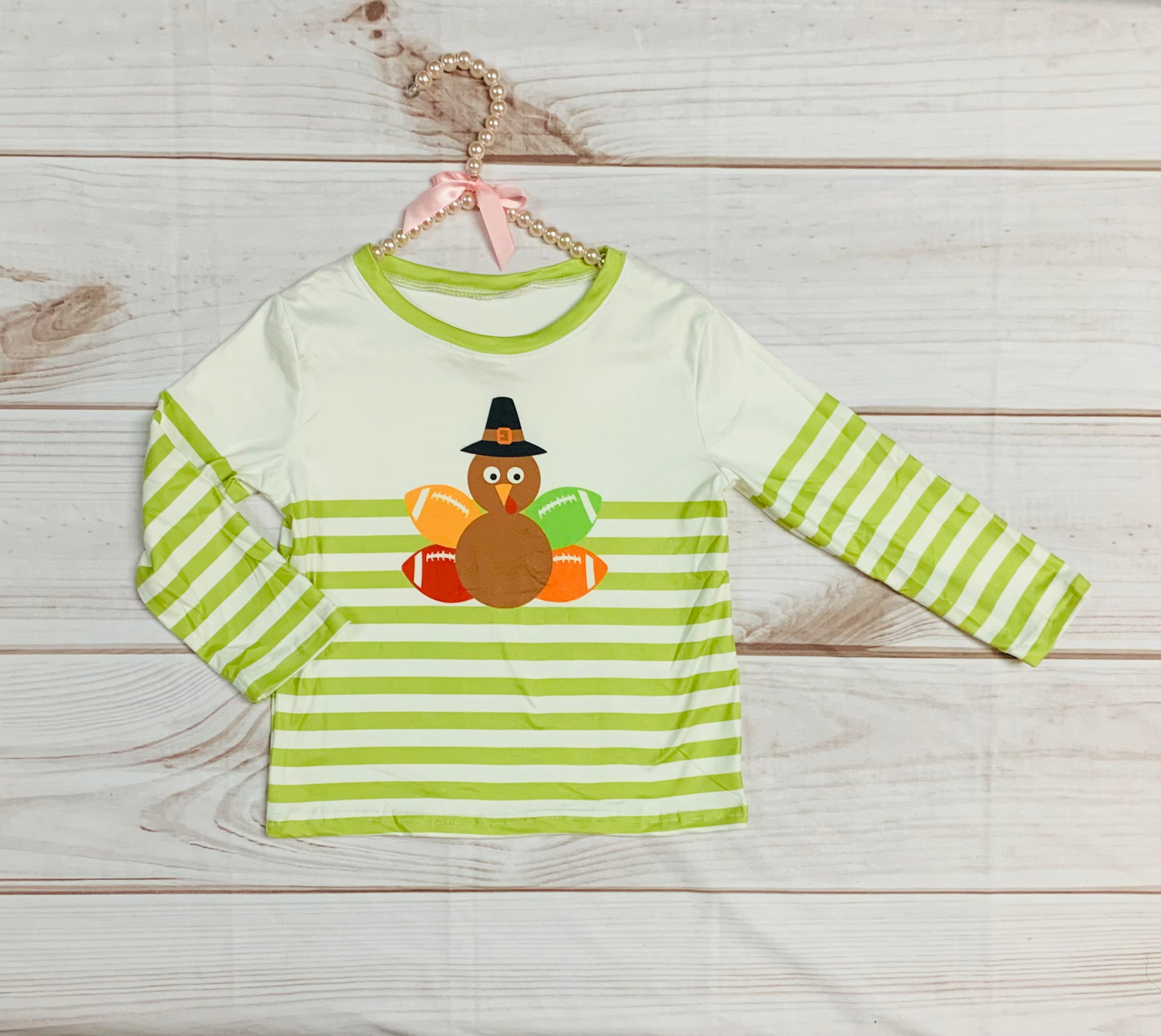 Milk Silk Green & White Striped Football Turkey, Boys Girls Thanksgiving Pilgrim Shirt, Turkey Feast Fall, Autumn Toddler