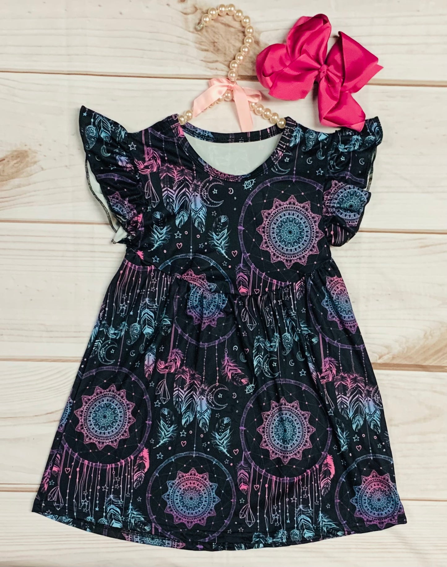 Milk Silk Dream Catcher Flutter Sleeve Dress, Girls Toddler Boho Feathers, Dreaming, Celestial Stars, Black & Purple, Stars