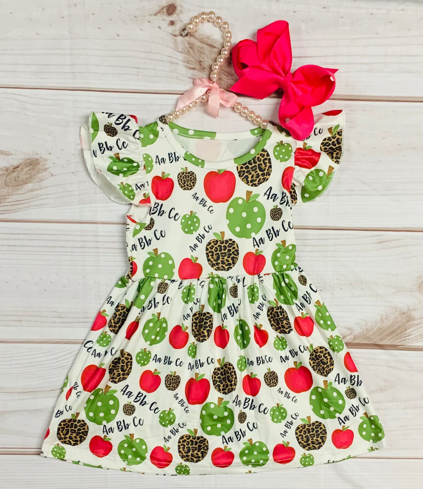 Milk Silk Green Red Leopard Apple Flutter Sleeve Dress, Girls Toddler Back to School Preschool, Elementary, School Pics