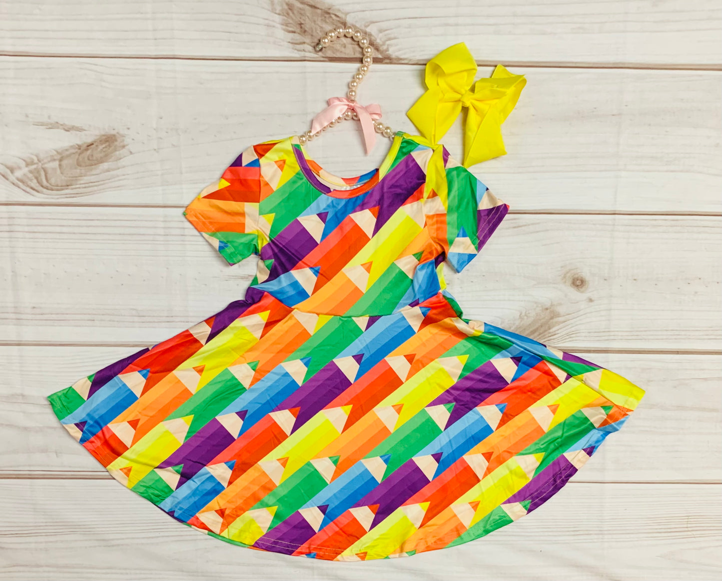 Milk Silk Rainbow Colored Pencil Twirl Dress, Girls Toddler Back to School, Crayons, Preschool