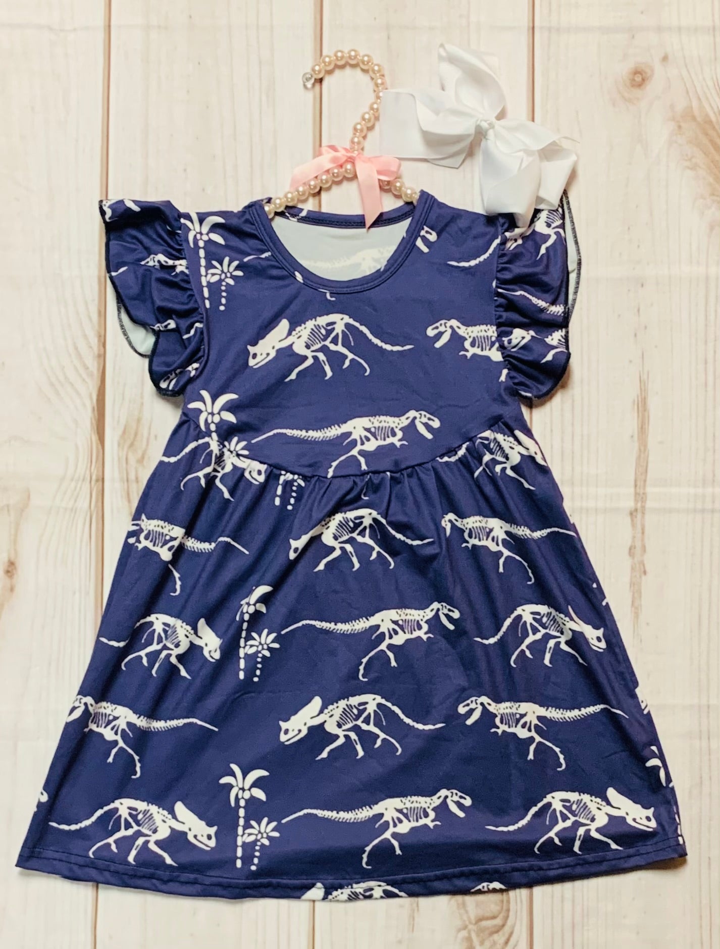 Milk Silk Navy Blue Dinosaur Fossil Flutter Sleeve Dress, Girls Toddler Jurassic Period, Dino Dig, Tyrannosaurus, Stegosaurus