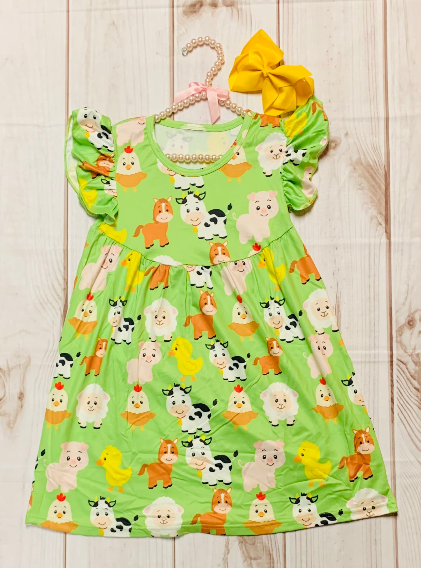 Milk Silk Green Country Farm Animals Flutter Dress, Girls Toddler Farm Life, Country Girl, Pigs, Chickens, Horses Cows, Farming