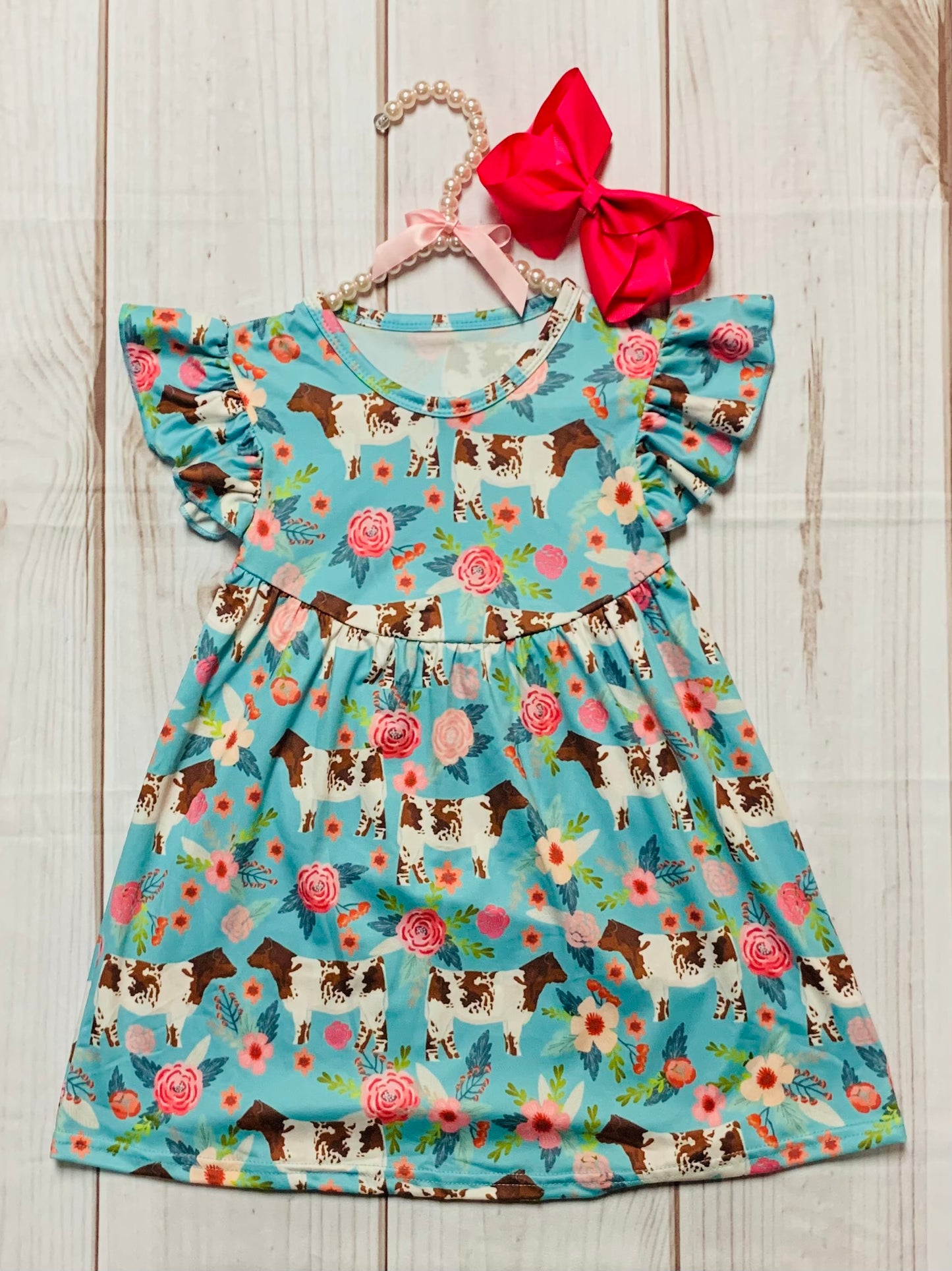 Milk Silk Brown Cow Floral Flutter Sleeve Dress, Girls Toddler, Dairy Farm, Country Girl, Teal Blue, Preschool, Summer