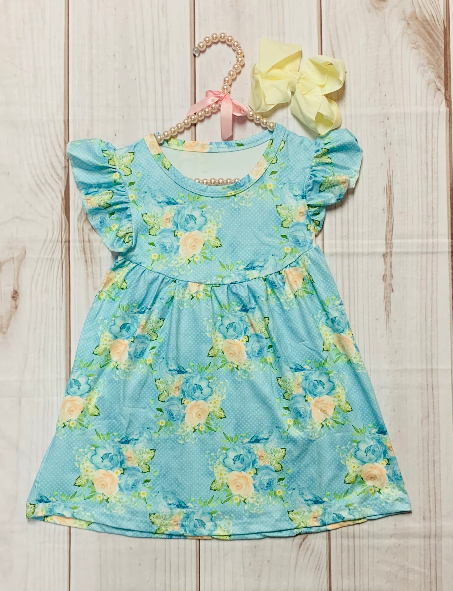 Milk Silk Teal & Peach Roses Flutter Sleeve Dress, Girls Toddler Summer Flower Dress, Back to School, Birthday Girl, Flowers