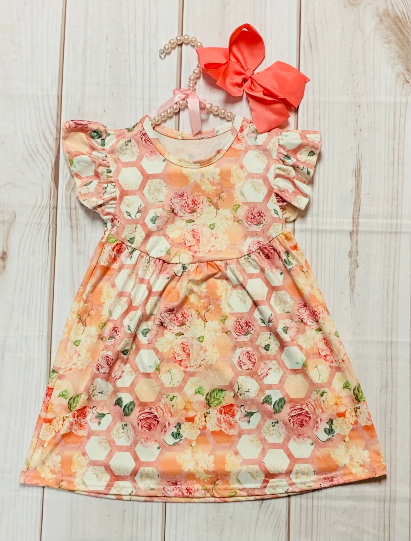 Milk Silk Honeycomb & Roses Flutter Sleeve Dress, Girls Toddler Peach Florals, Tea Party, Mother's Day, Birthday Party, Gift