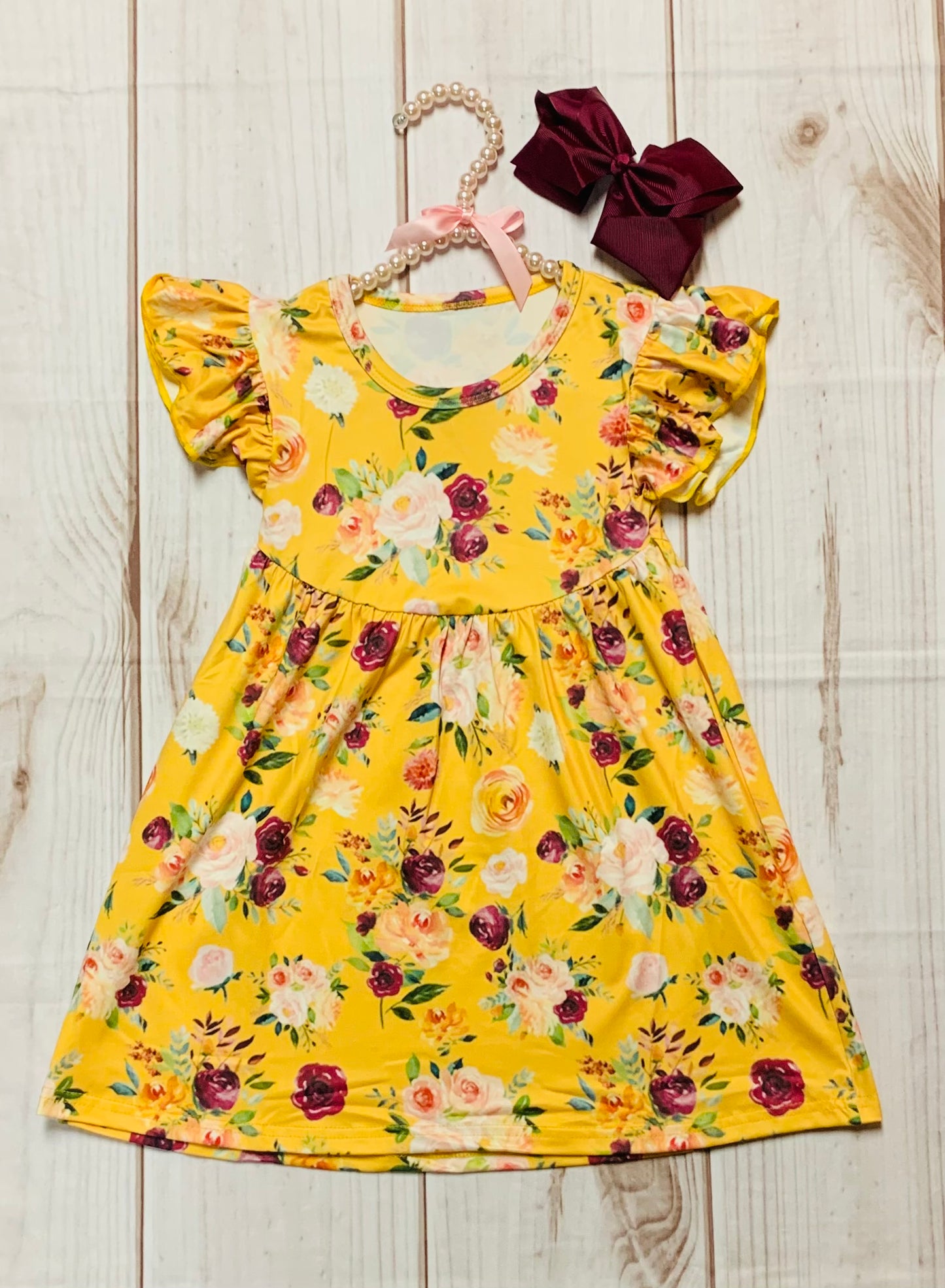 Milk Silk Yellow Floral Flutter Dress, Girls Toddler Summer Roses Dress, Back to School, Birthday, Every Day, Flowers, Bouquet