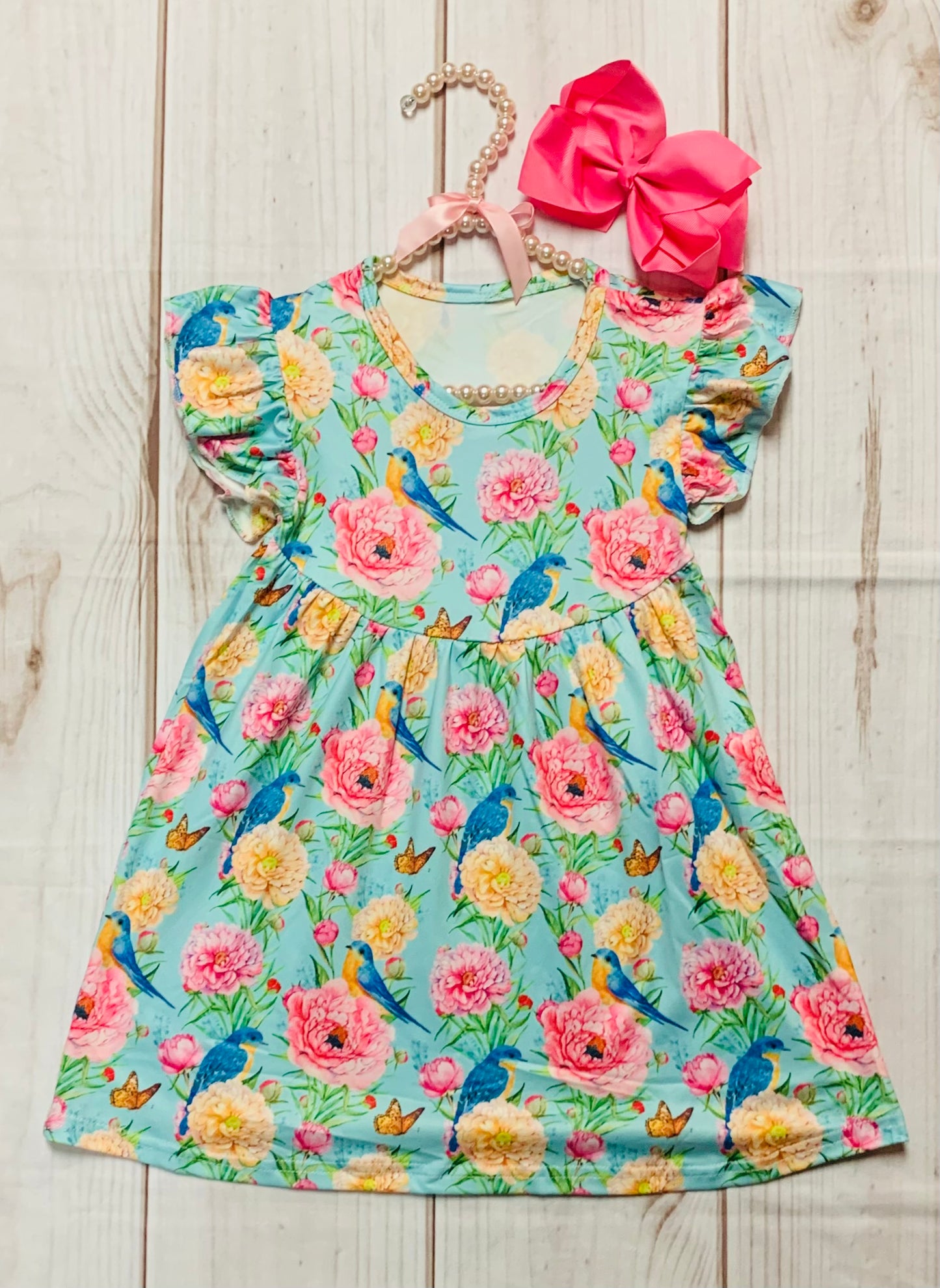 Milk Silk Eastern Blue Bird & Peonies Flutter Sleeve Dress, Girls Toddlers Floral Dress, Pink Flowers, Spring Time, Summer