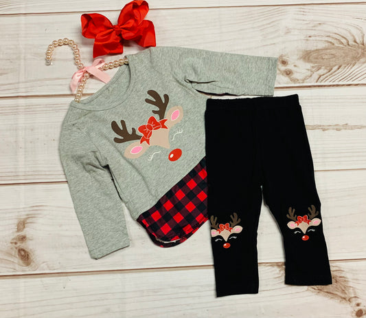 Plaid Reindeer w/ Matching Leggings 2pc Set, Girls Santa Winter Holiday Christmas Flannel Outfit