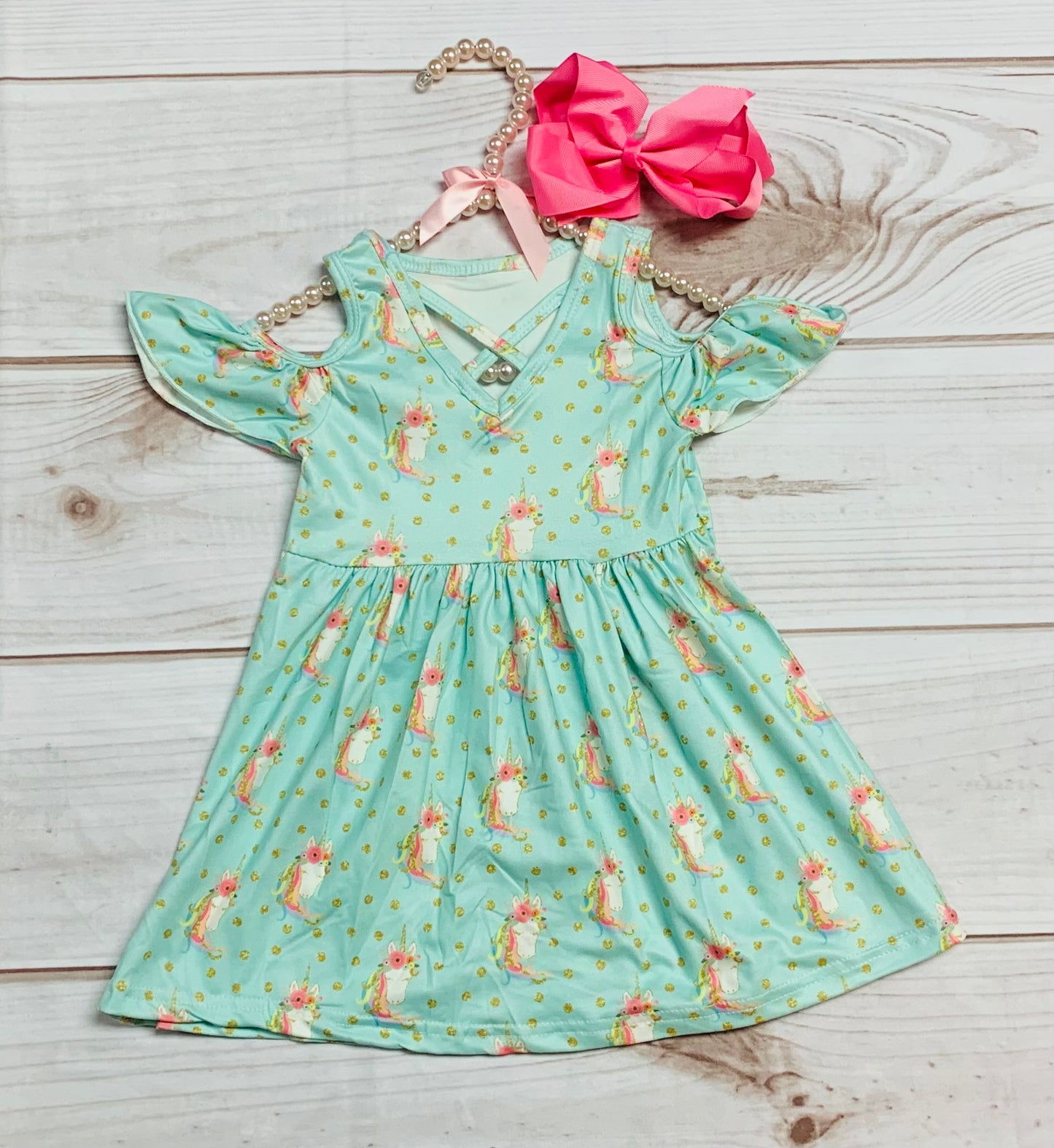 Milk Silk Open Shoulder Unicorn Flutter Sleeve, Girls Magical Stars Horse Flowers Teal Birthday Dress