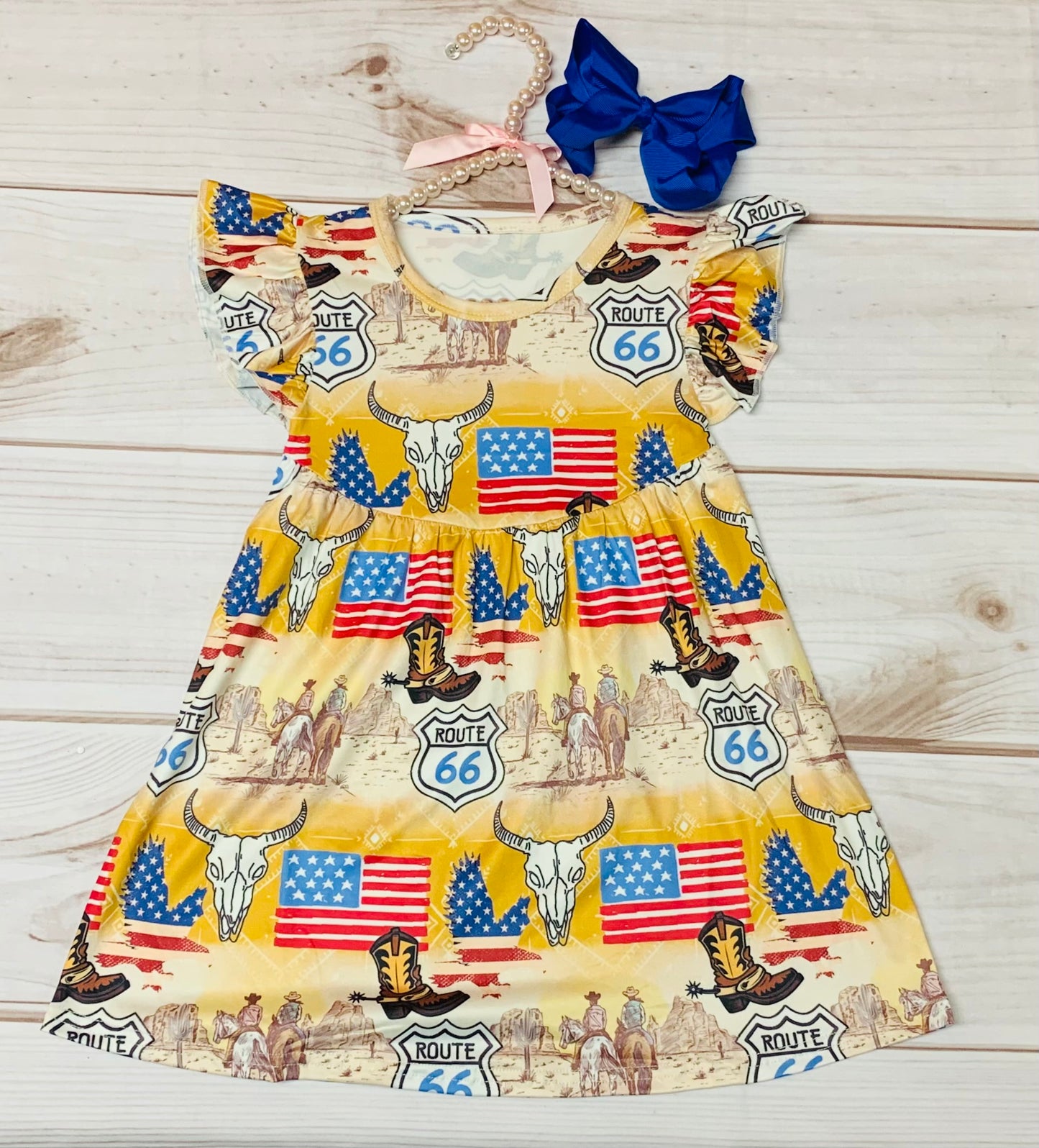 Milk Silk Wild West Cowgirls Flutter Sleeve Dress, Girls Toddler American Flag, Cowgirl Boots, Horses, Freedom, Route 66