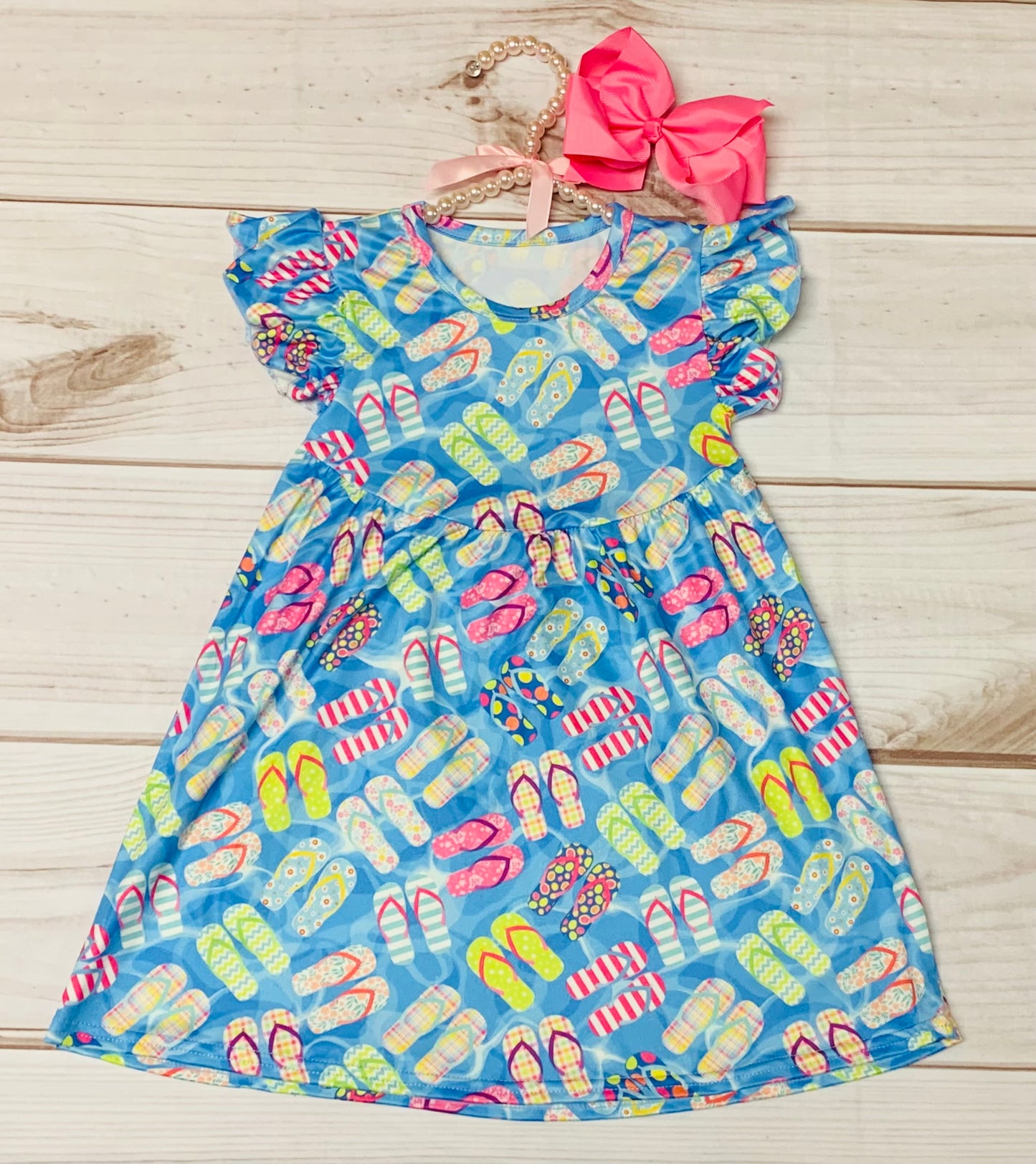 Milk Silk Summer Flip Flops Flutter Sleeve Dress, Girls Toddler Beach Day, Vacation, Cruise Boat, Sand Castle, Graduation