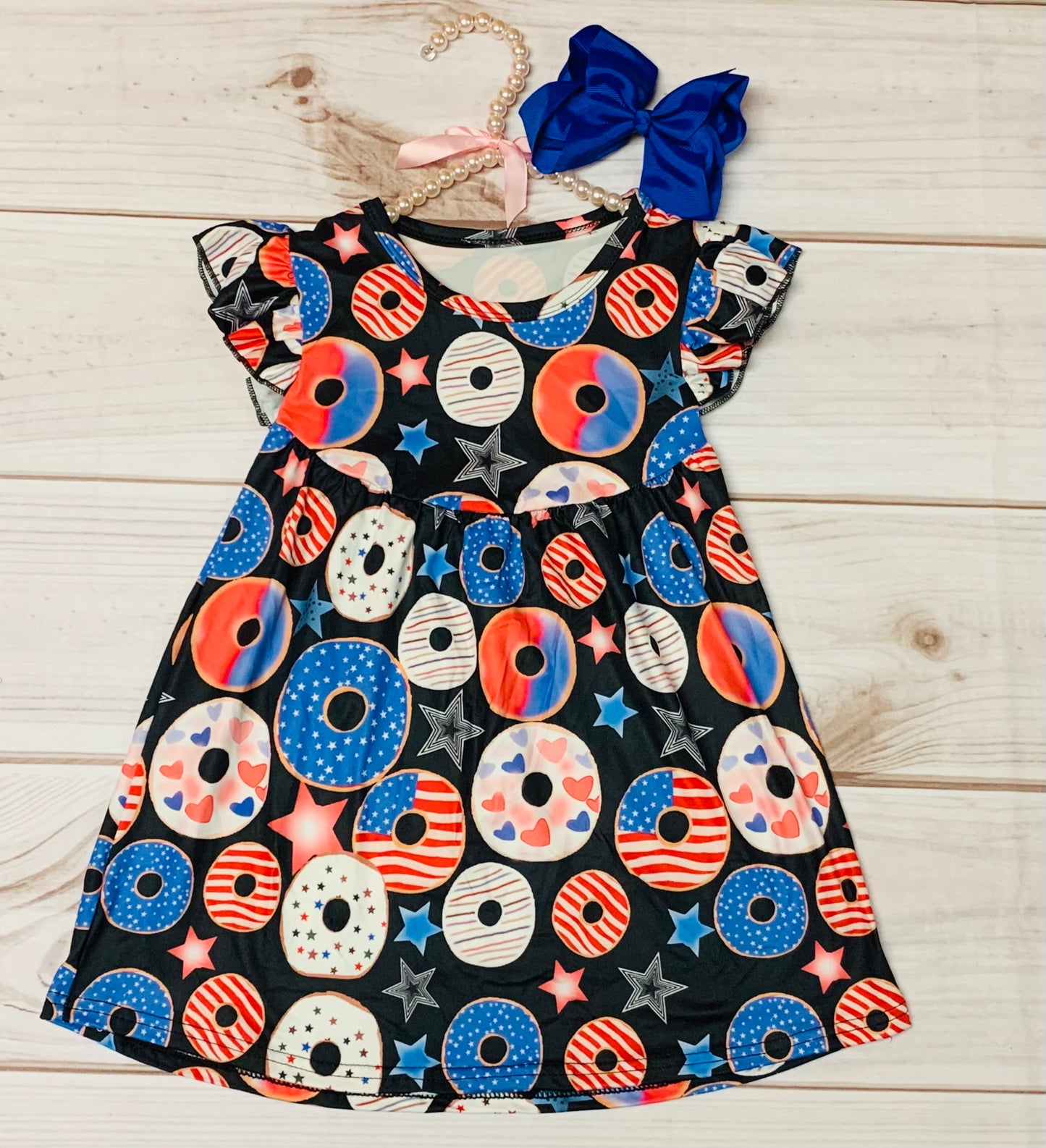 New Milk Silk Patriotic Donut Flutter Sleeve Dress, Girls Toddler Independence Day, 4th of July, Celebrate America, Fireworks