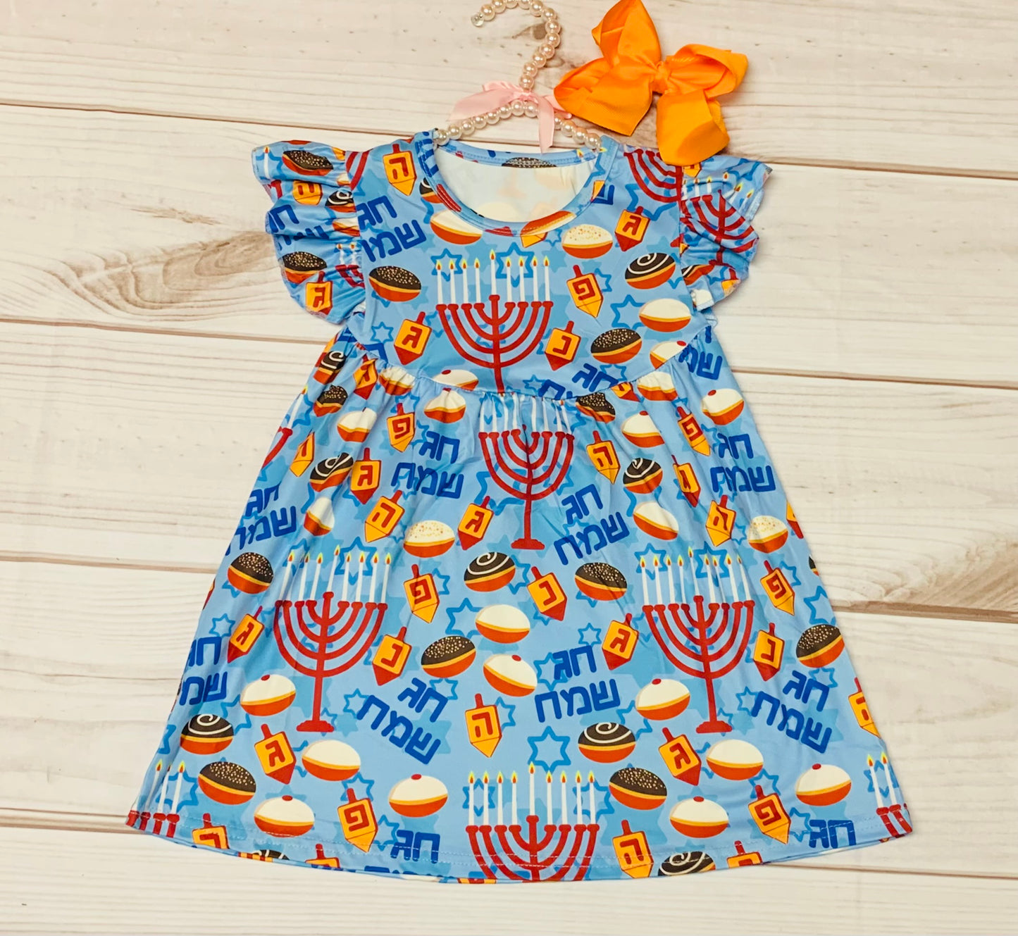 Milk Silk Blue Hanukkah Flutter Sleeve Dress, Girls Toddler Jewish Holiday, Celebrate, Dreidel, Menorah, Candle Lighting