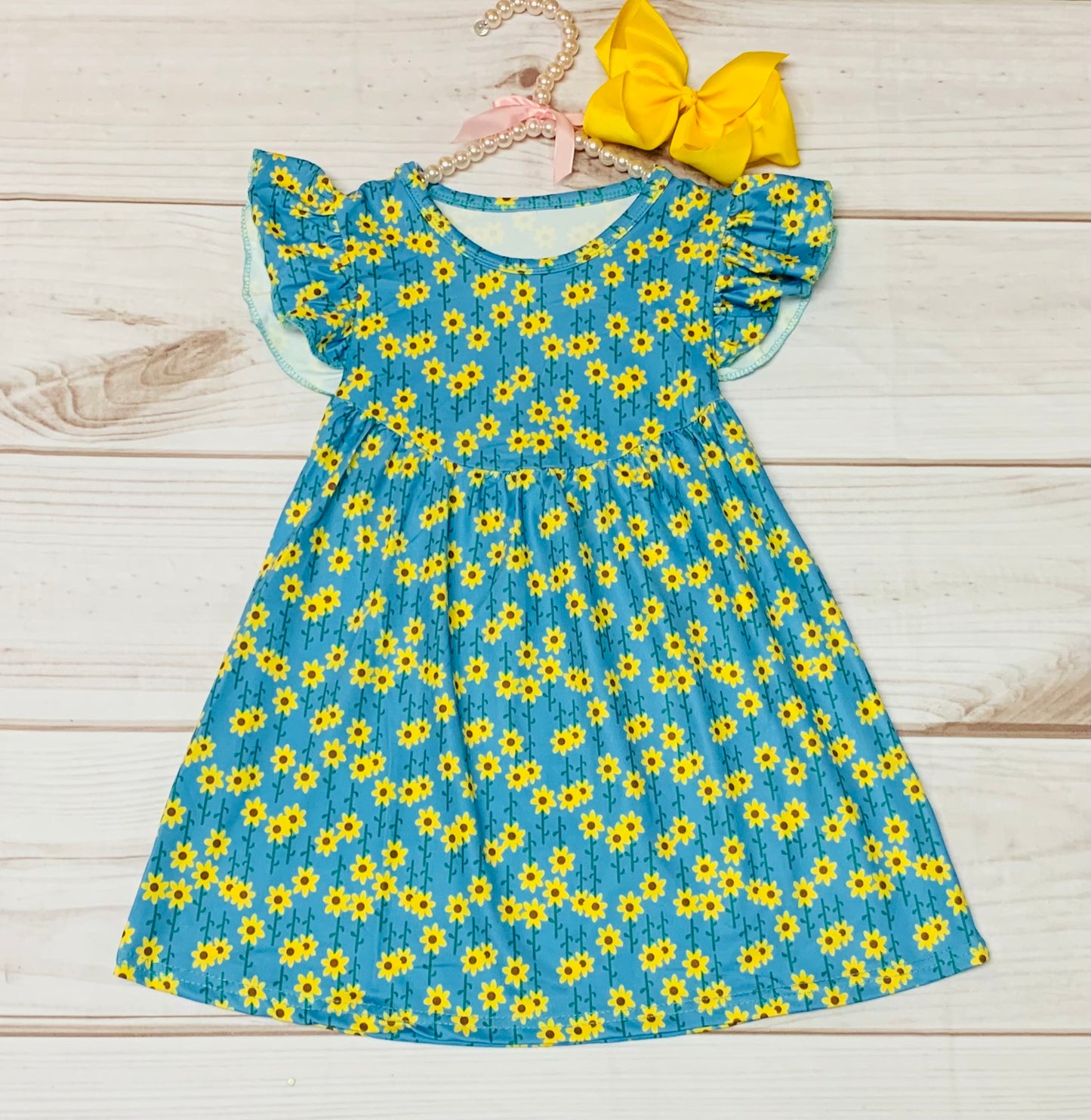 Milk Silk Teal & Yellow Mini Daisy Print Flutter Sleeve Dress, Girls Toddler Floral Dress, Summer,, Spring Flowers, Wildflower