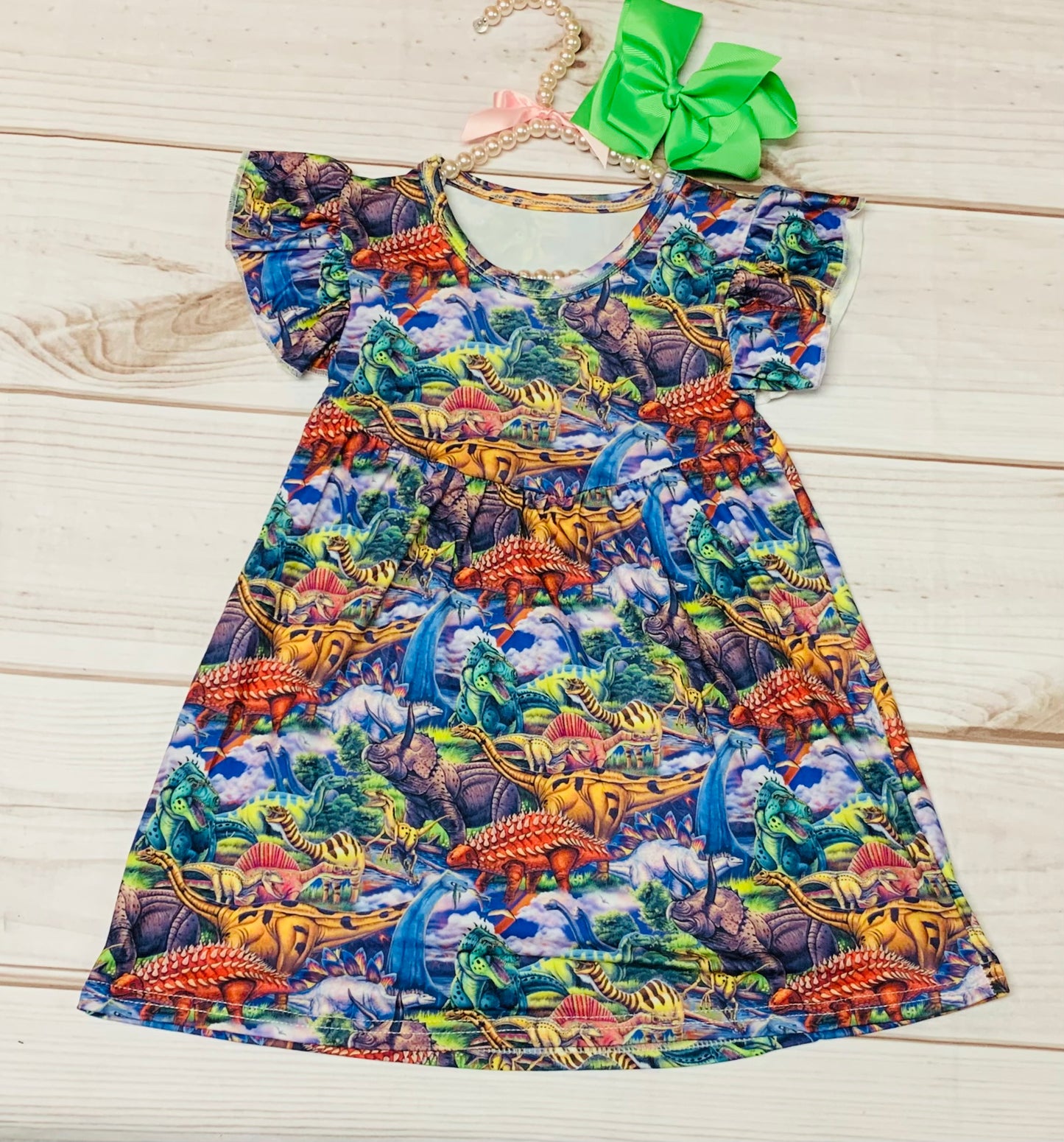 Milk Silk Mighty Dinosaur Flutter Dress, Girls Toddler Jurassic Era, Cretaceous Period, Large Lizard, T-Rex, Stegosaurus, Dinos