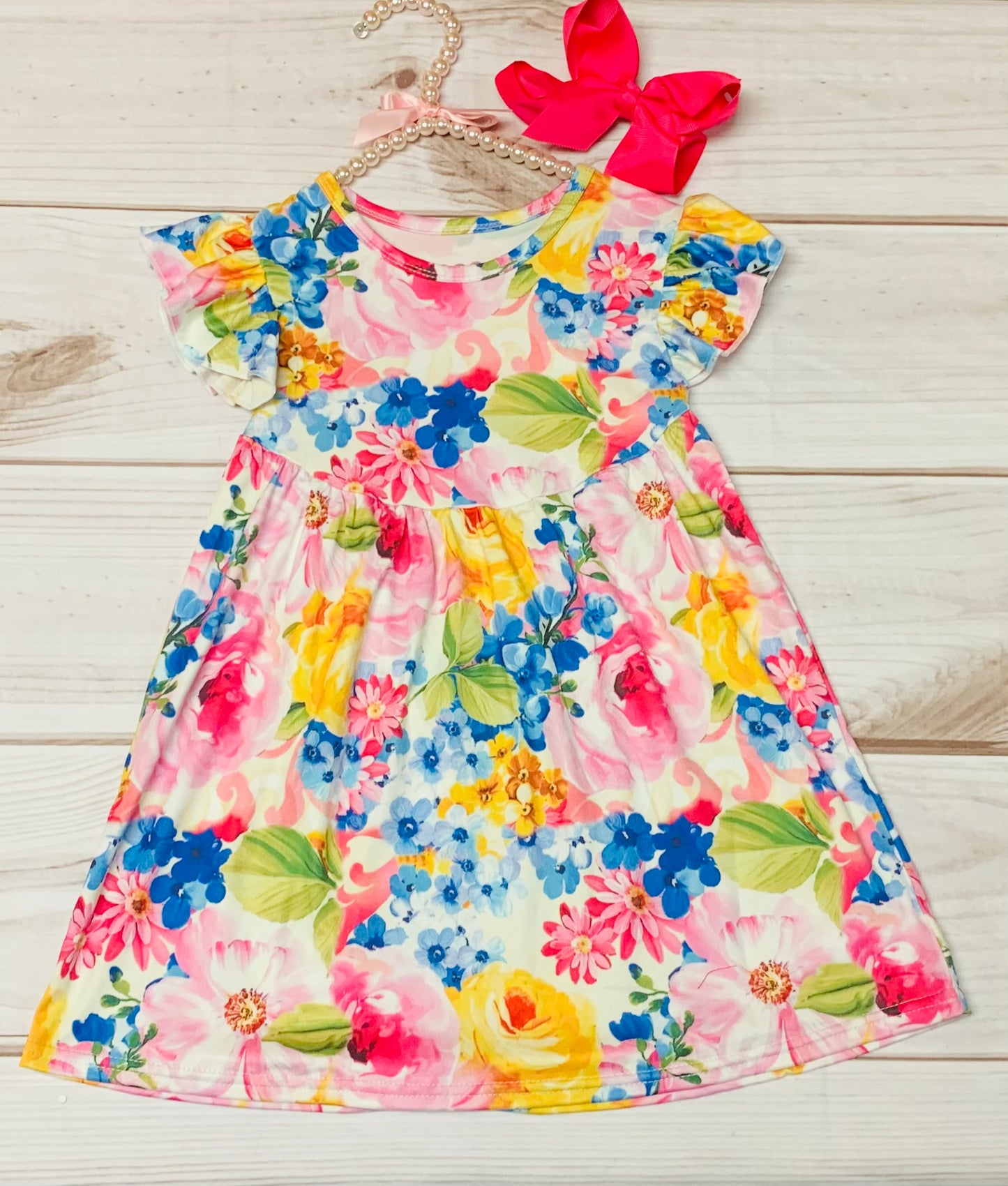 Milk Silk Rainbow Roses Flutter Sleeve Dress, Girls Toddler Floral Summer Dress, Spring Dress, Flowers for Days, Back to School