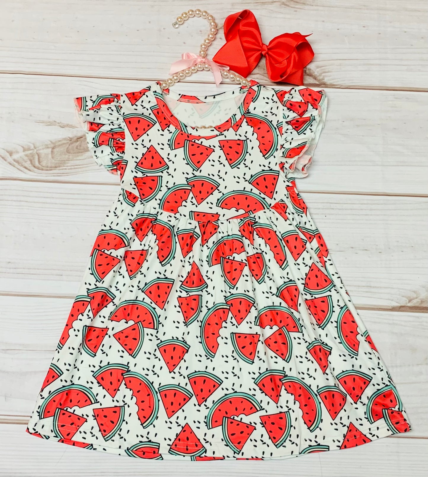 Milk Silk Watermelon for Days Flutter Sleeve Dress, Girls Toddler Summer Fruit, Juicy Watermelon Slices, Beach Dress, Birthday