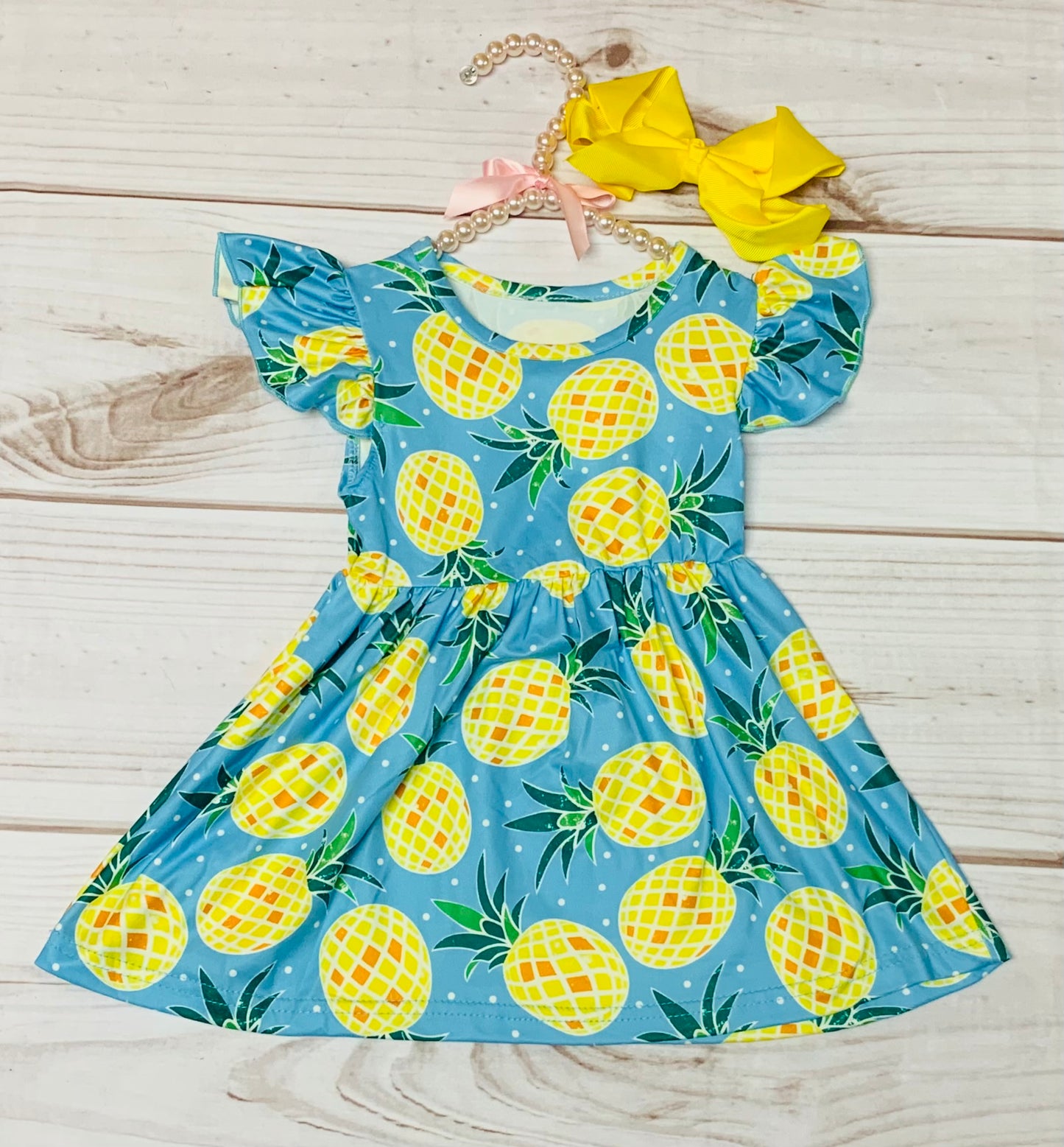 Milk Silk Teal Pineapple Flutter Dress, Girls Aloha Hawaiian Fruit, Sweet Juicy Summer Spring Tropical