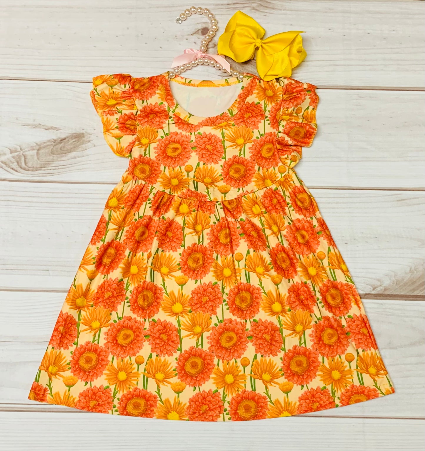 Milk Silk Orange Daisy Flutter Sleeve Dress, Girls Toddler Summer Wild Flowers, Preschool, Autumn, Flowers, Floral Dress