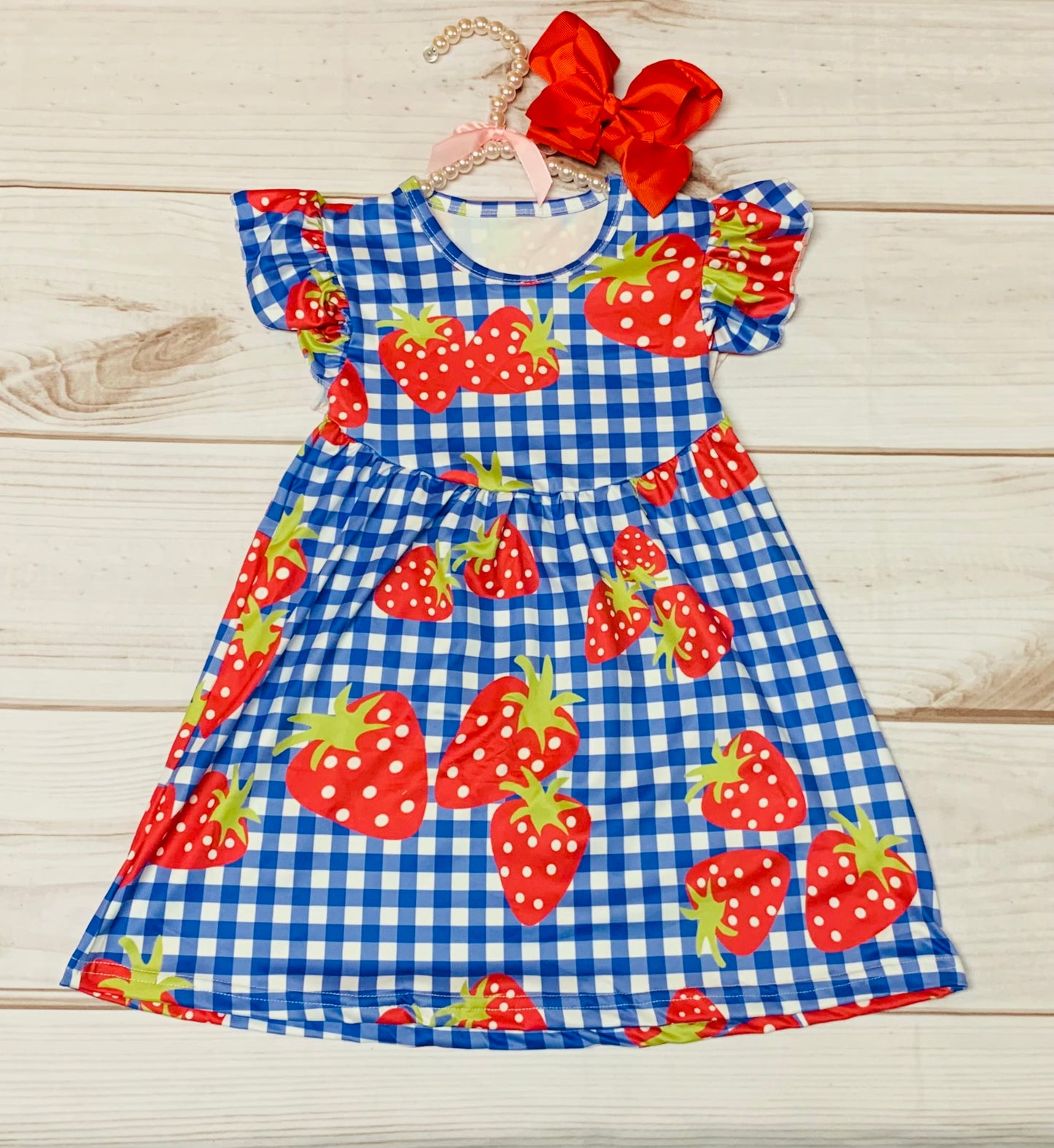 Milk Silk Blue Strawberry Flutter Sleeve Dress, Girl Toddler Plaid Berry Dress, Festival Juicy Sweet, Summer Time, Red Berries