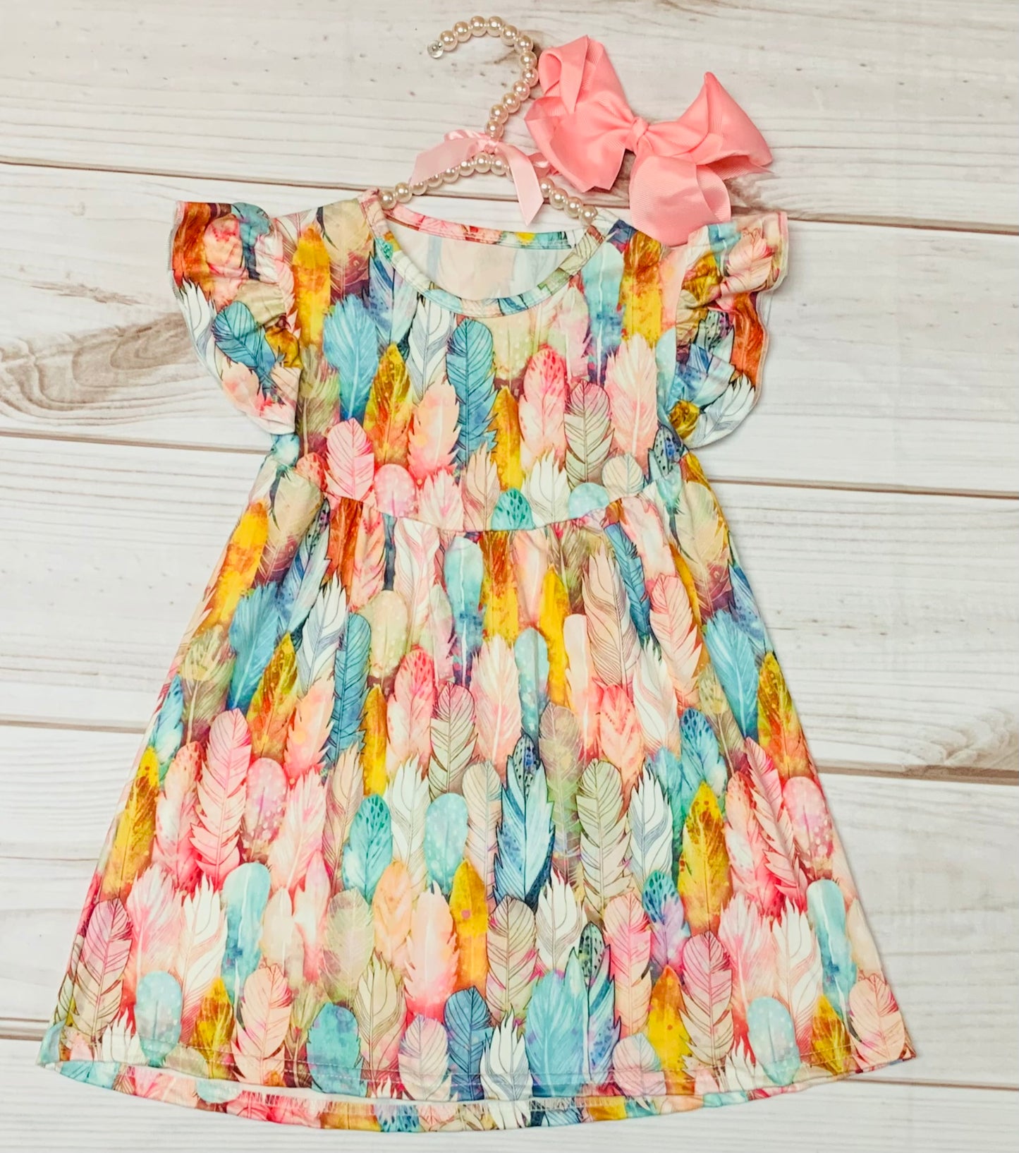 Milk Silk Boho Feathers Flutter Sleeve Dress, Girls Toddler Country Girl, Wild West, Back to School, Preschool, Rainbow Feather