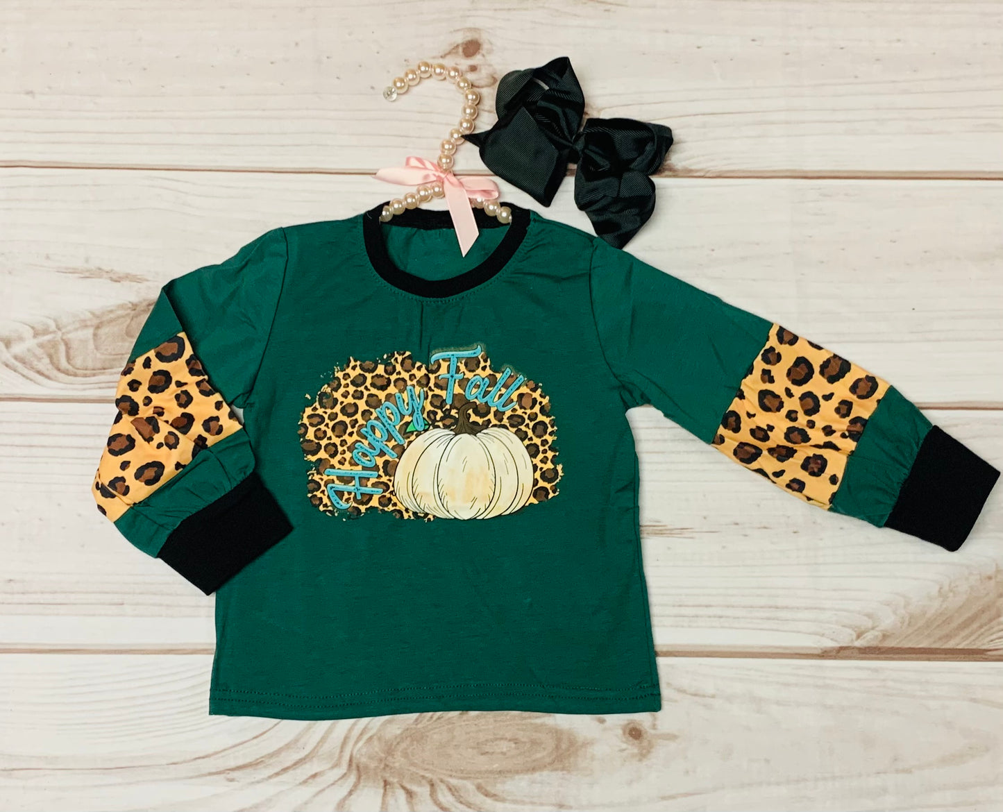 Fall Teal & Leopard Print Long Sleeve Girls, Toddlers Shirt, Happy Fall Pumpkins, Autumn, Halloween, Pumpkin Patch Shirt