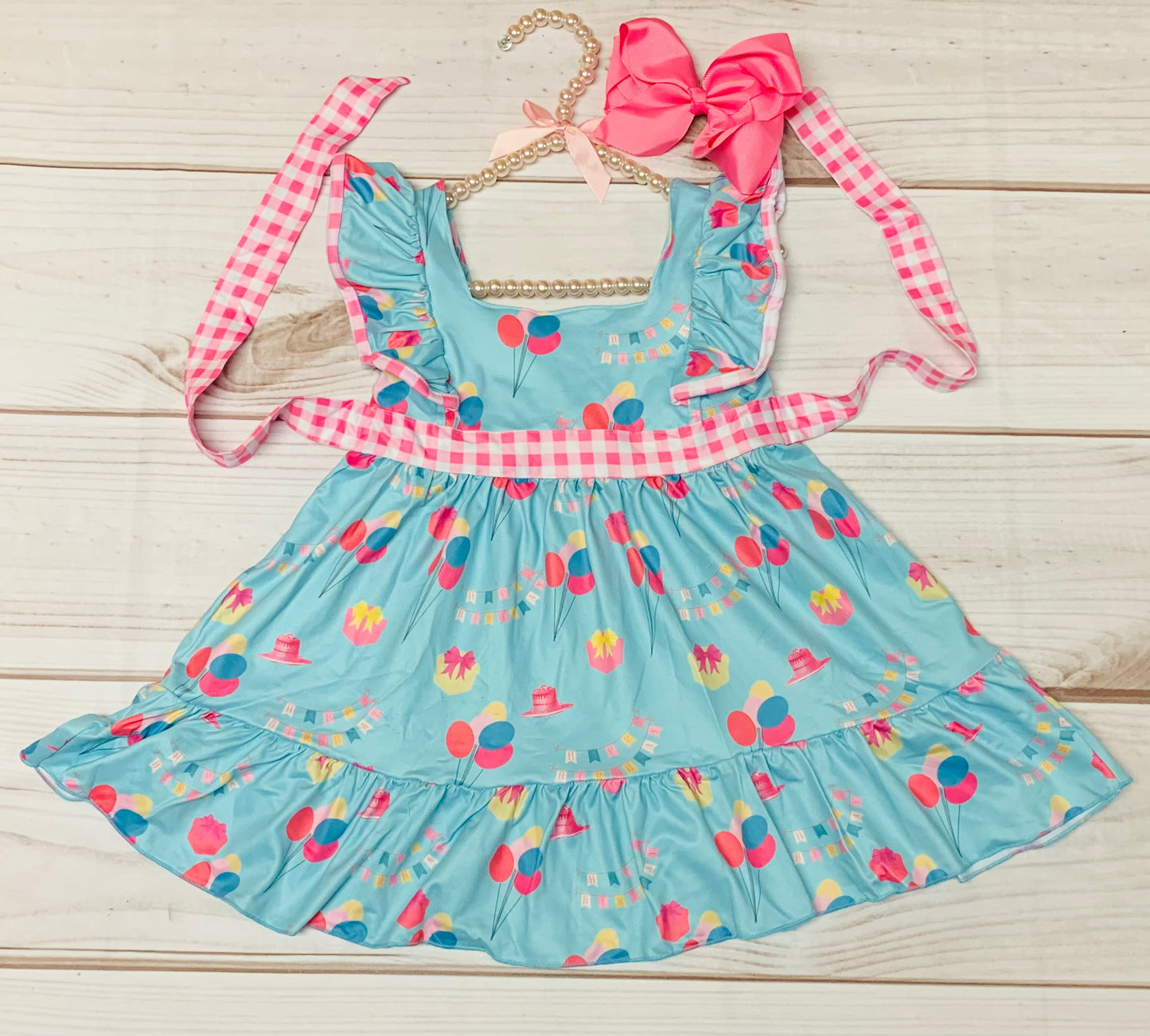 Milk Silk Teal Happy Birthday Twirl Dress, Girls Toddler Birthday Cake Party Dress, Pink Plaid Piping Flutter Sleeve, Balloons