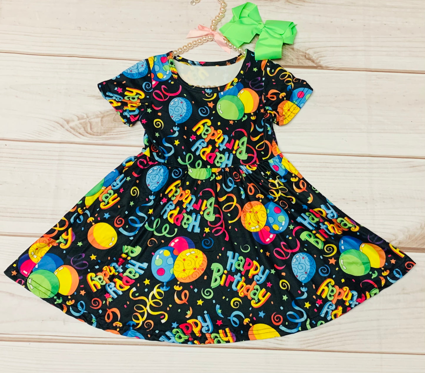 Milk Silk Happy Birthday Twirl Dress, Girls Toddler Party Dress, Balloons, Streamers, Celebrate Another Year, Birthday Girl