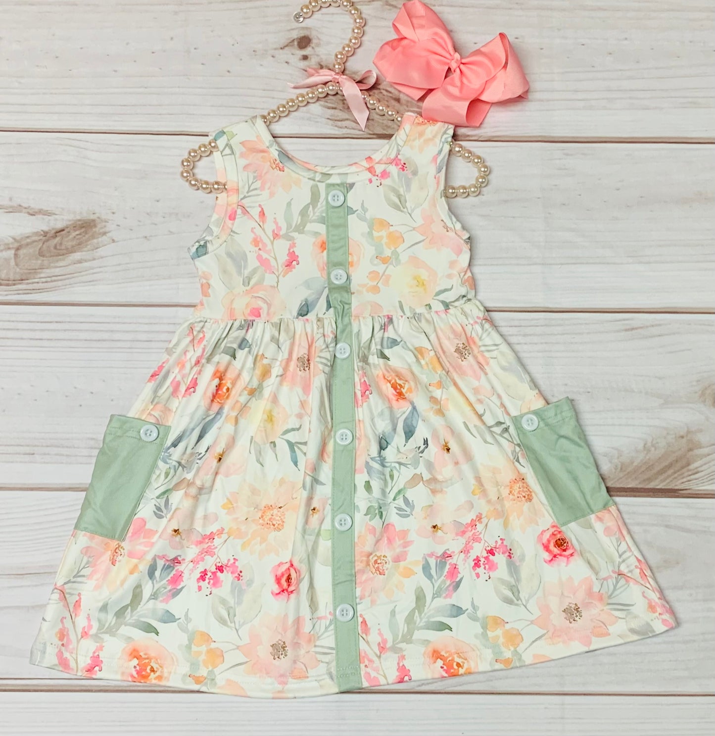 Milk Silk Sleeveless Peony & Dhalia Peach Floral Dress w/ Pockets, Girls Toddler Floral Dress, Summer, Flowers, Pinks and Peach