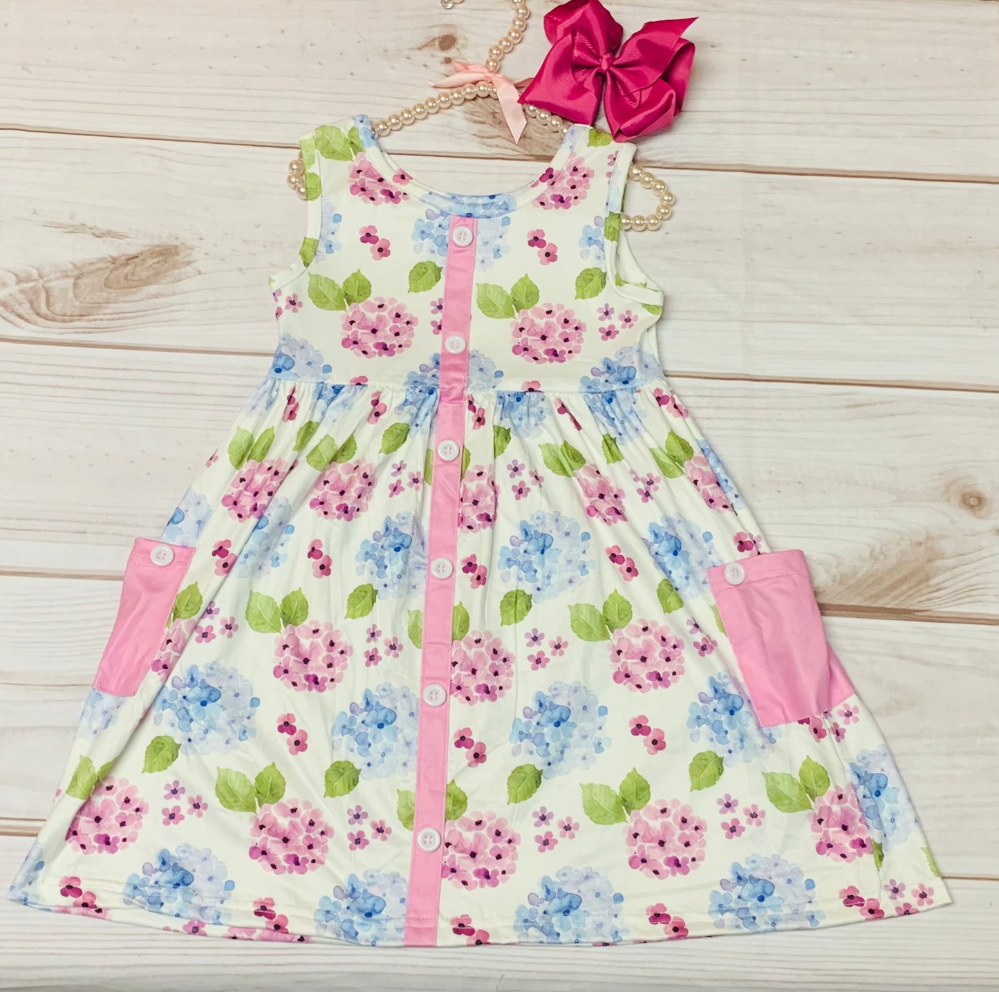 Milk Silk Sleeveless Hydrangea Summer Dress w/ Pockets, Girls Toddler Floral Dress, Summer Days, Red and Pink Flowers