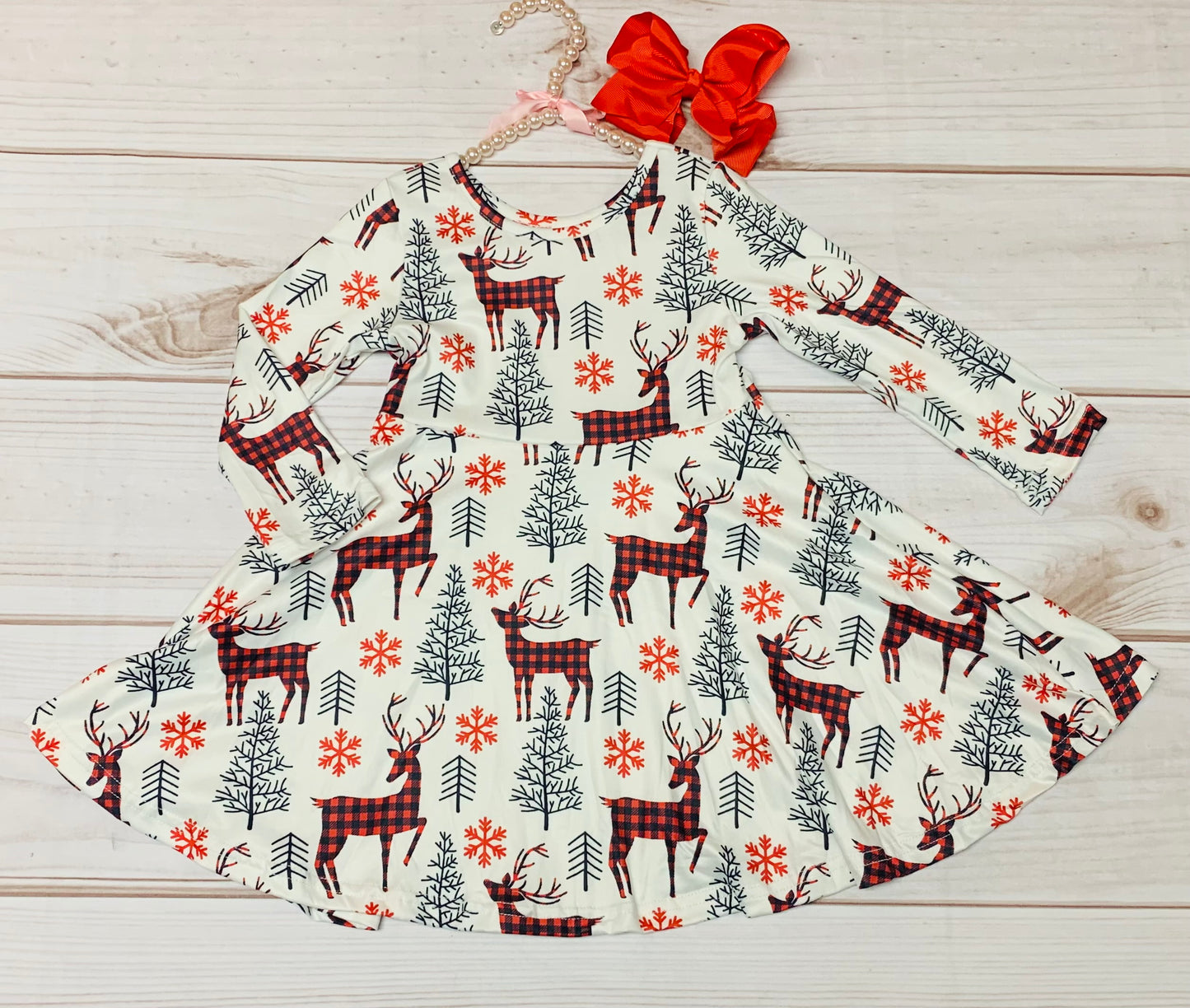 Milk Silk Holiday Plaid Flannel Reindeer Twirl Dress, Girl Toddler Christmas Snowflake, Trees, Santa