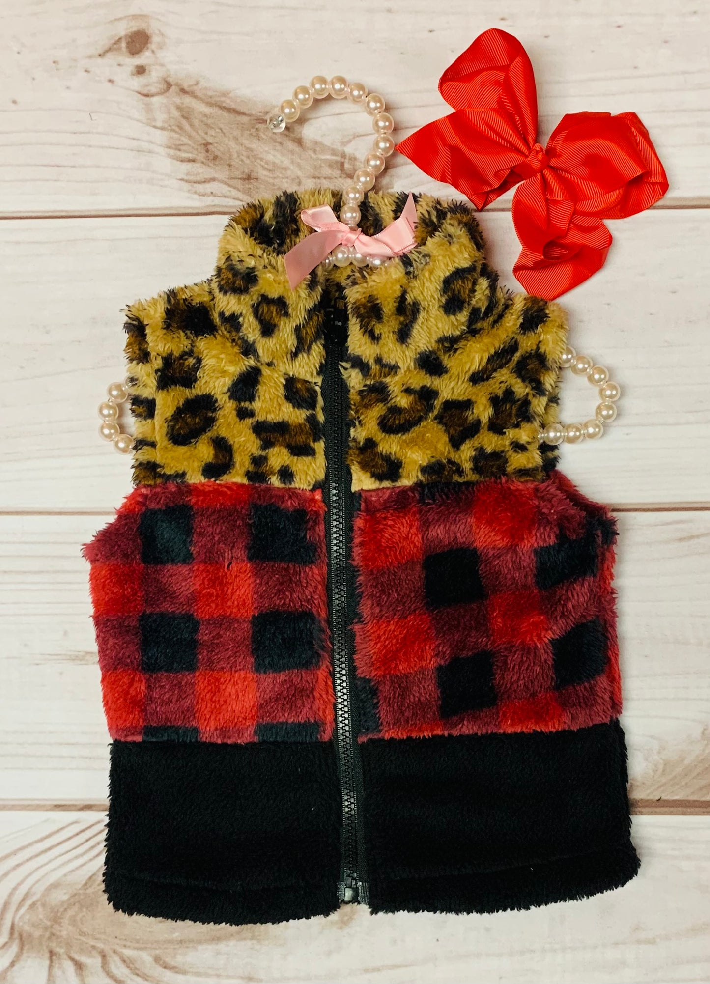 Plaid Leopard Winter Fleece Vest for Kids, Boys Girls Unisex Faux Fur, Christmas Holiday Winter