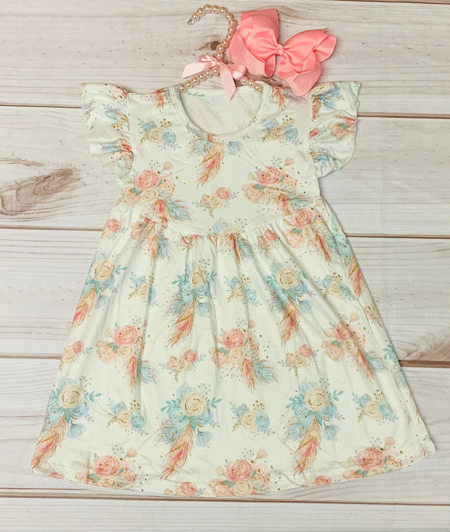 Milk Silk Bohemian Feathers and Florals Flutter Sleeev Dress, Girls Toddler Soft Colored Boho Dress, Summer, Pastels, School