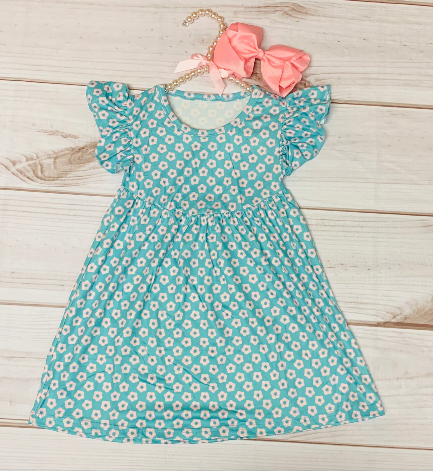 Milk Silk Pink & Teal Floral Flutter Sleeve Dress, Girls Toddler Spring Summer, Flower Dress, Back to School, Birthday Girl