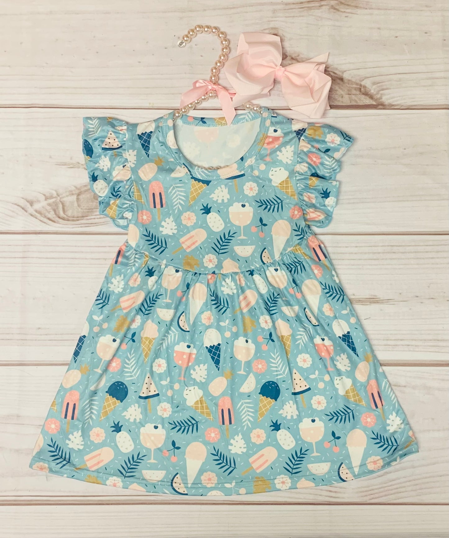 Milk Silk Teal Ice Cream & Treats Flutter Sleeve Dress, Girls Toddler Sumer Day, Ice Pops, Watermelon, Popsicles, Spring Flower