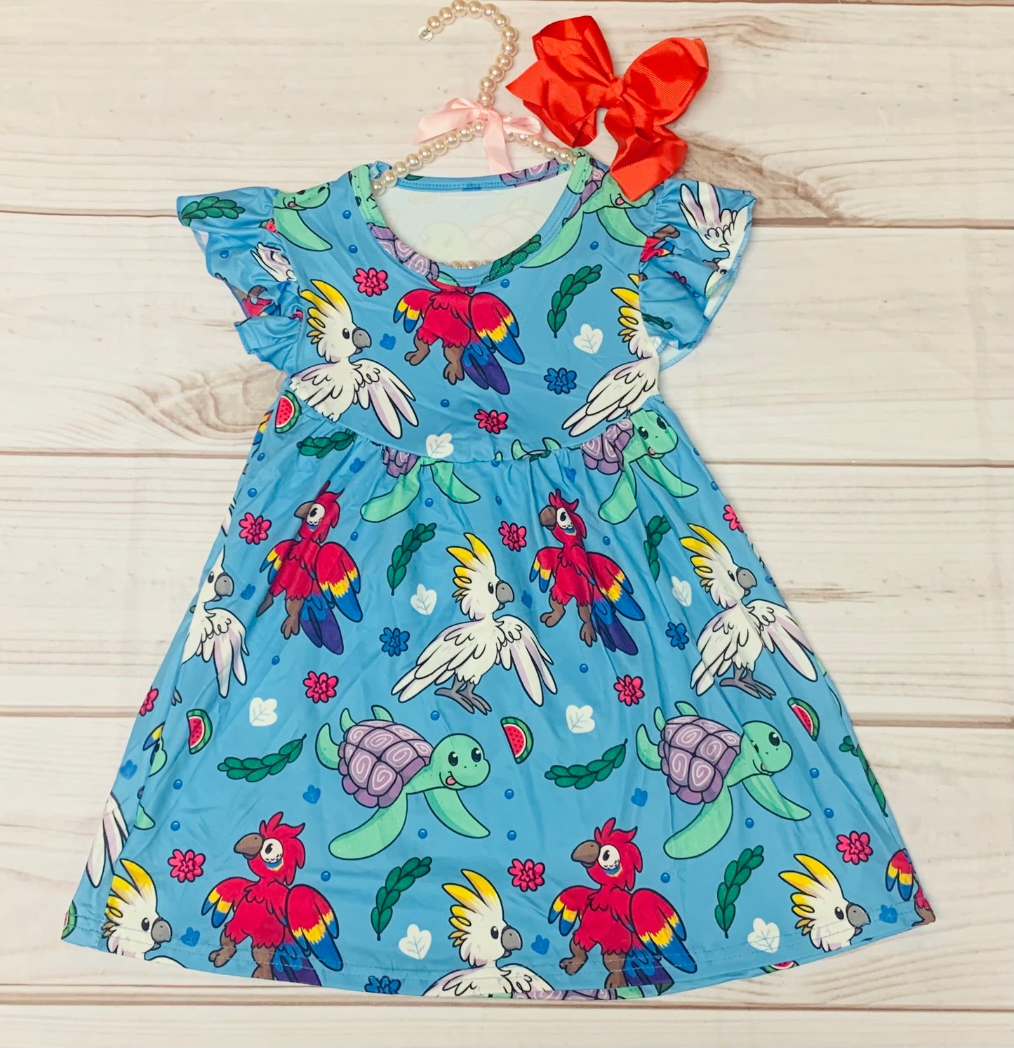 Milk Silk Tropical Parrot Flutter Sleeve Dress, Girls Toddler, Wild Birds, Cockatoos, Turtles, Beach Vacation, Cruise Dress